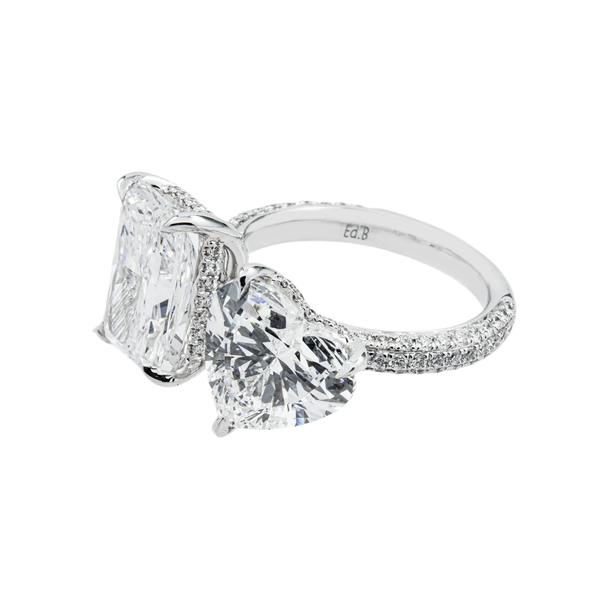 18K White Gold Heart & Radiant Cut Diamond Toi et Moi Ring 8.34ctw - Image 5