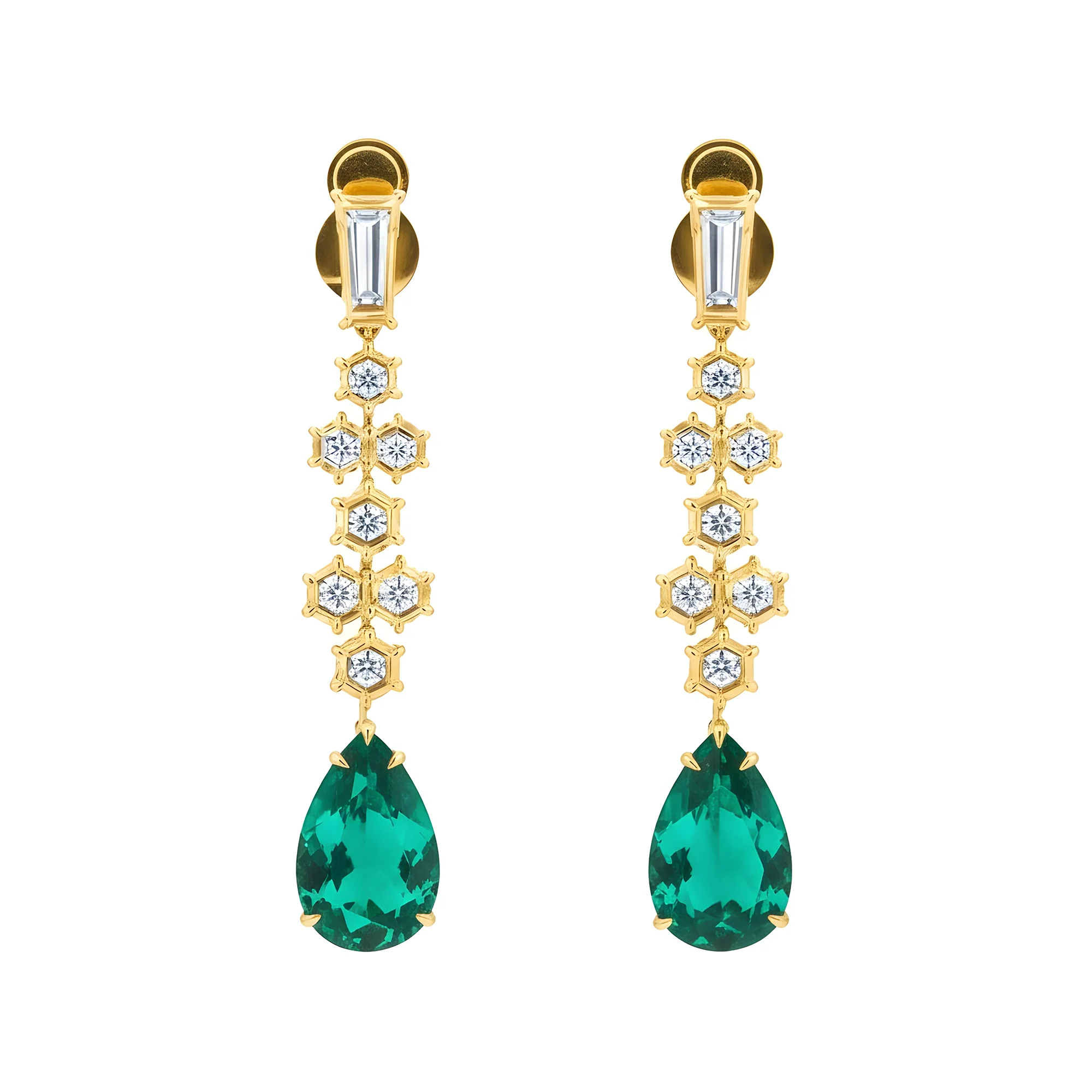 18K White Gold Hexagon Cut Diamond & Pear Cut Emerald Drop Earrings - Image 4