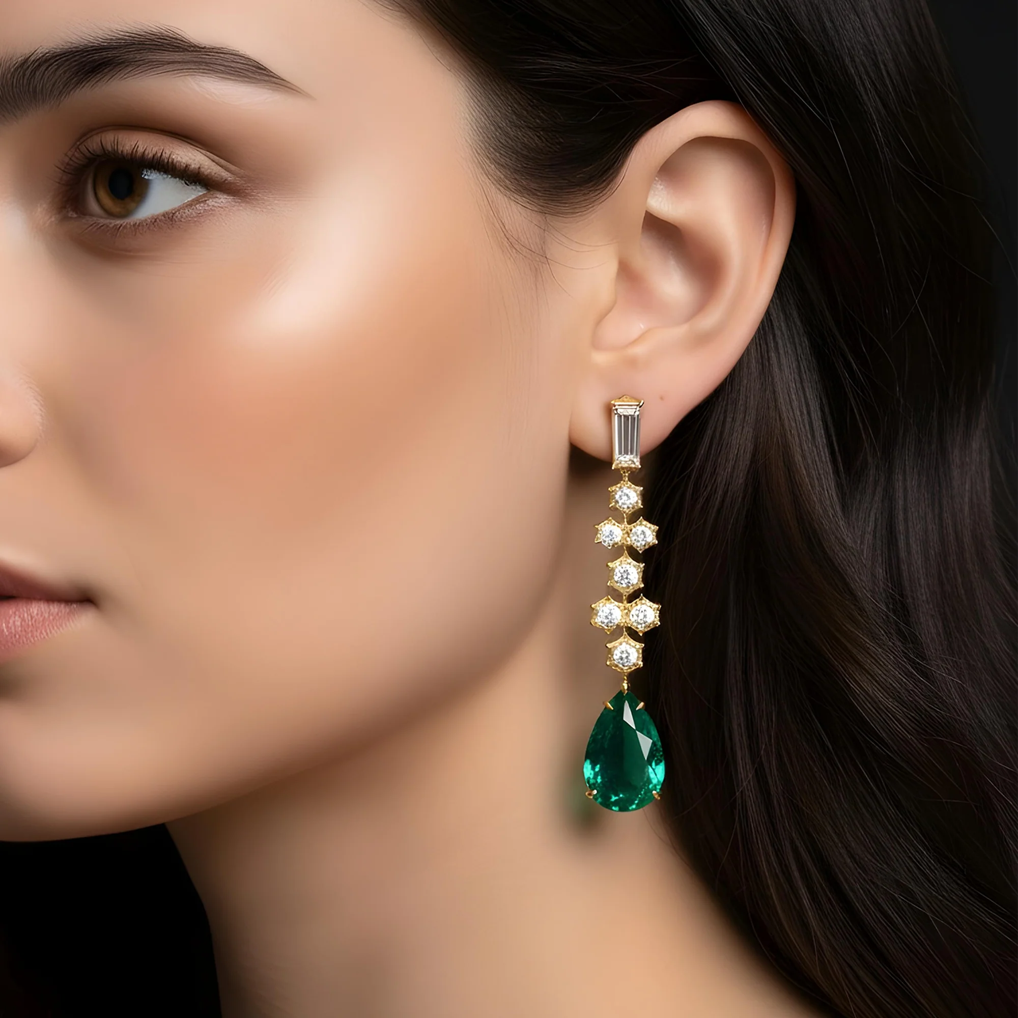 18K White Gold Hexagon Cut Diamond & Pear Cut Emerald Drop Earrings - Image 5