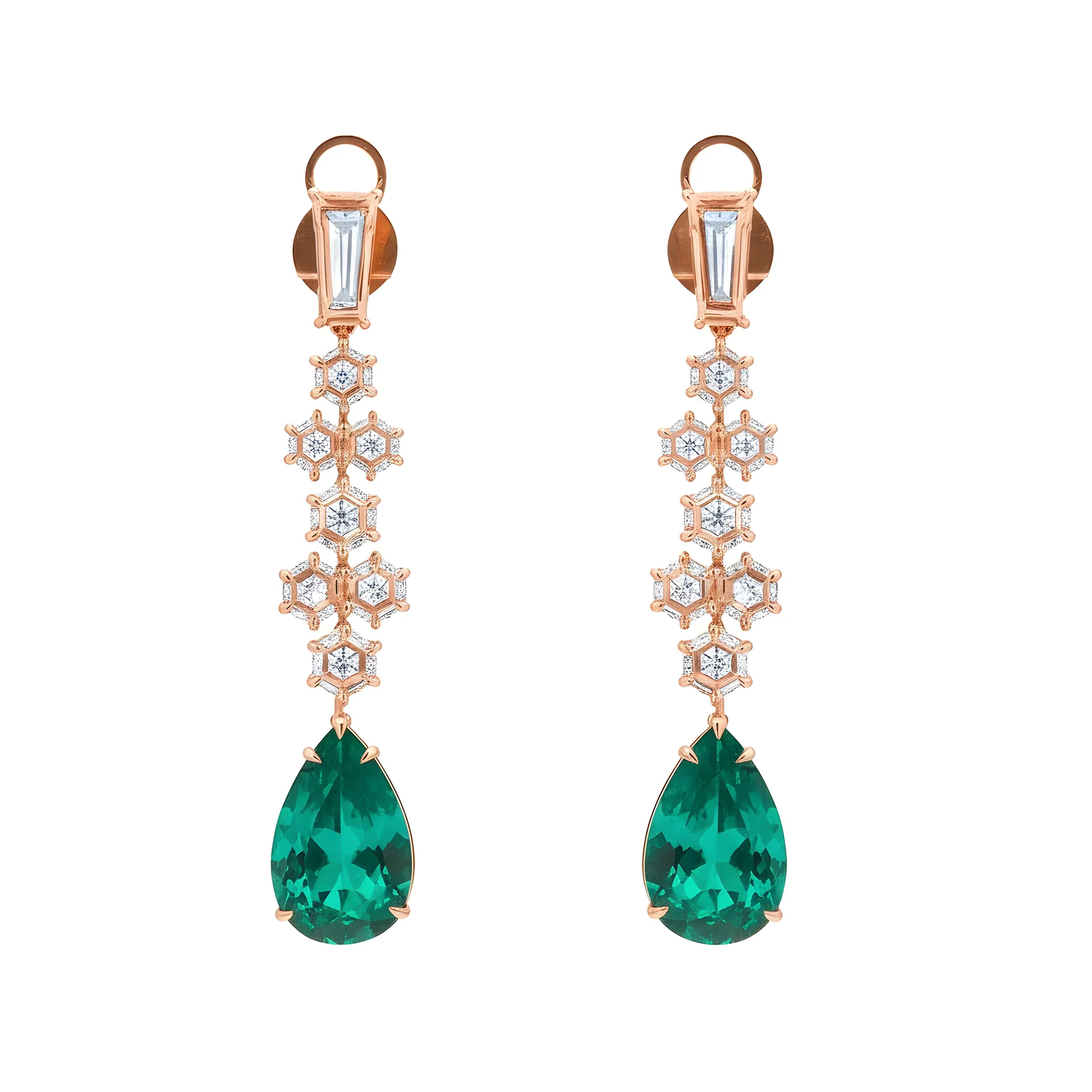 18K White Gold Hexagon Cut Diamond & Pear Cut Emerald Drop Earrings - Image 6