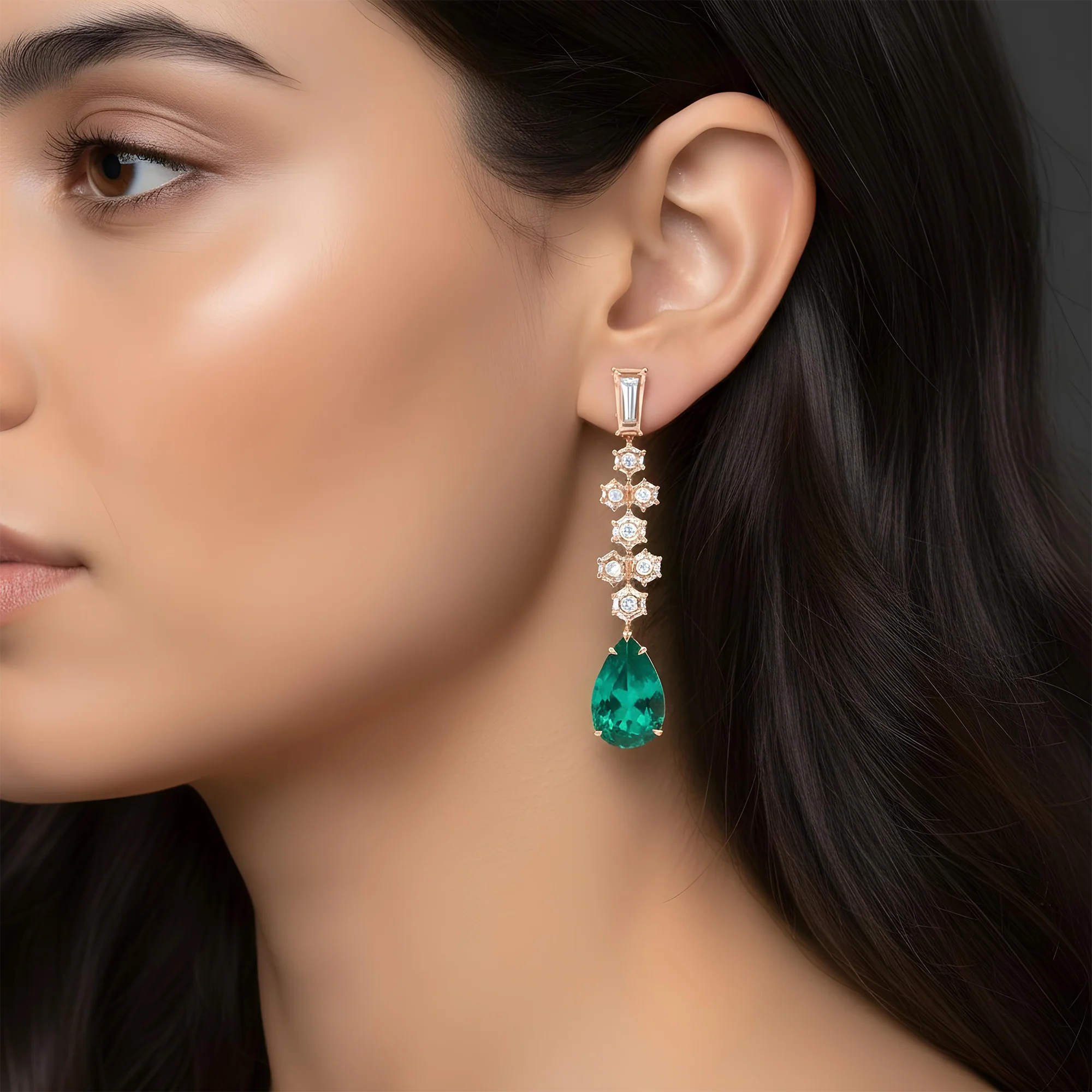 18K White Gold Hexagon Cut Diamond & Pear Cut Emerald Drop Earrings - Image 7