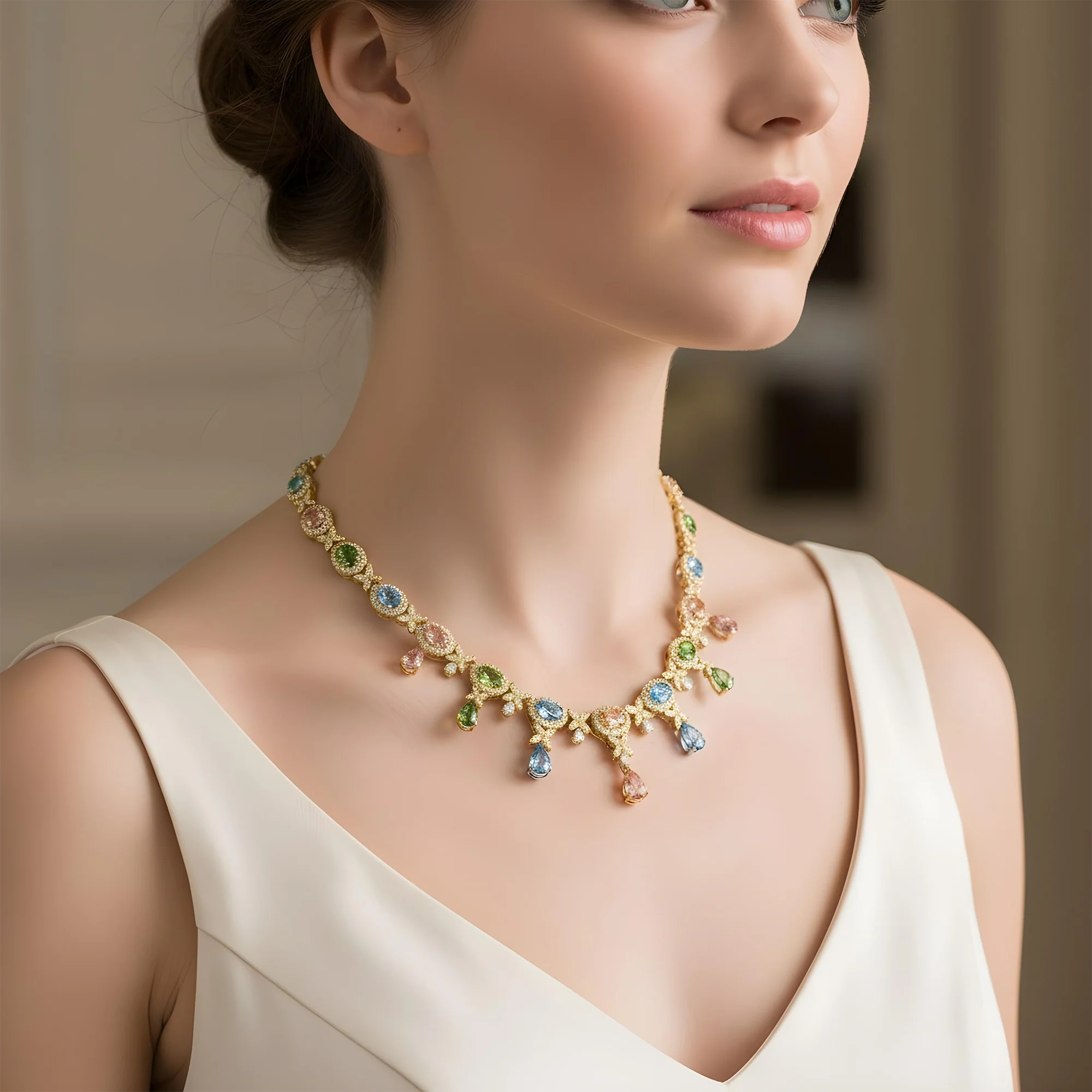 18K White Gold Multi Cut Fancy Color Diamond Drop Necklace 45.23ct - Image 6