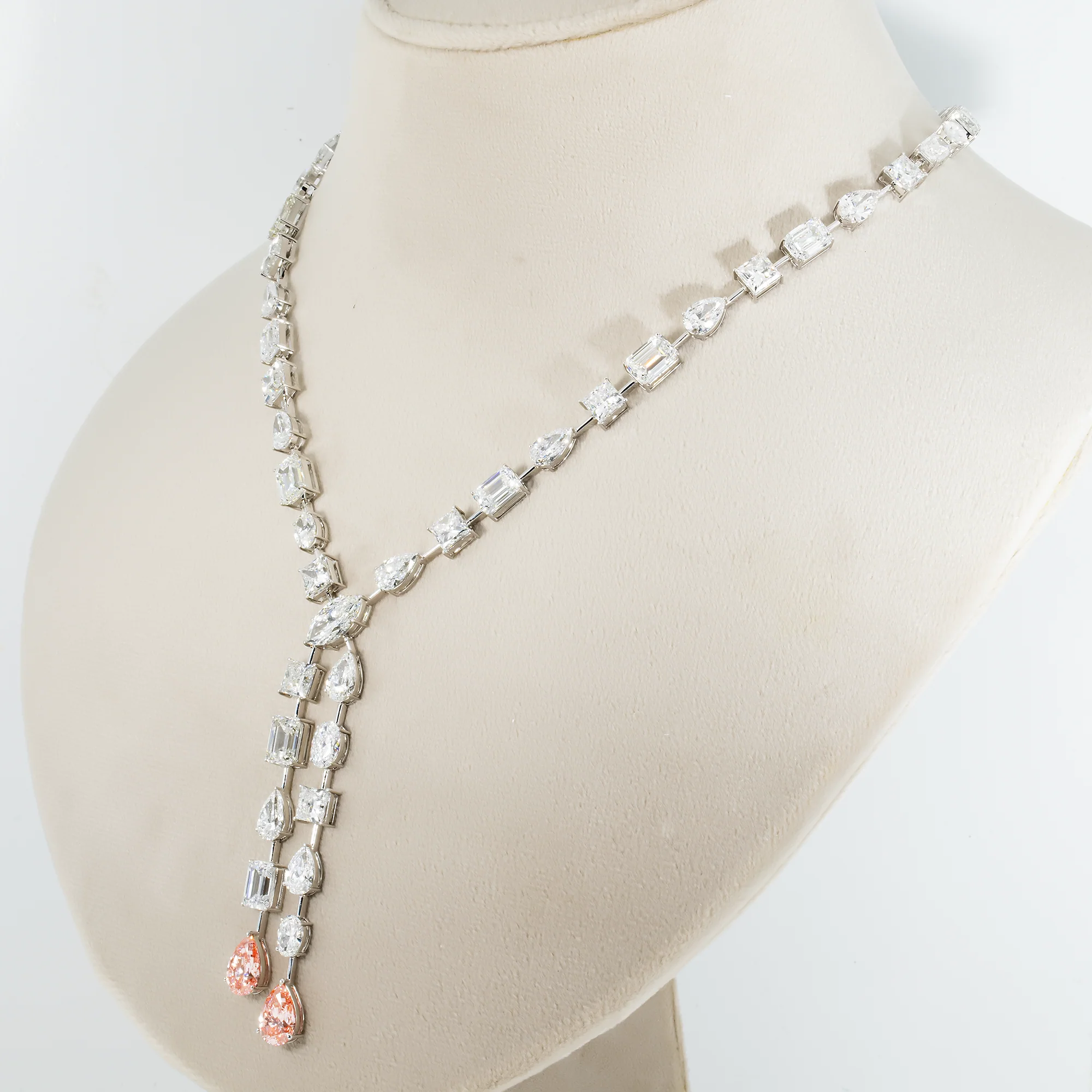 18K White Gold Multi Cut White & Fancy Vivid Pink Diamond Double Drop Necklace - Image 2