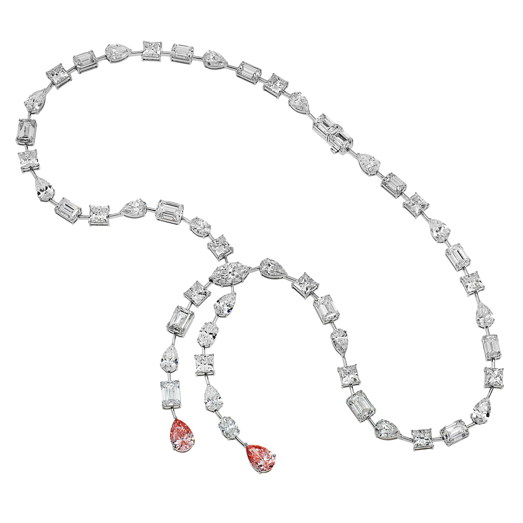 18K White Gold Multi Cut White & Fancy Vivid Pink Diamond Double Drop Necklace - Image 3