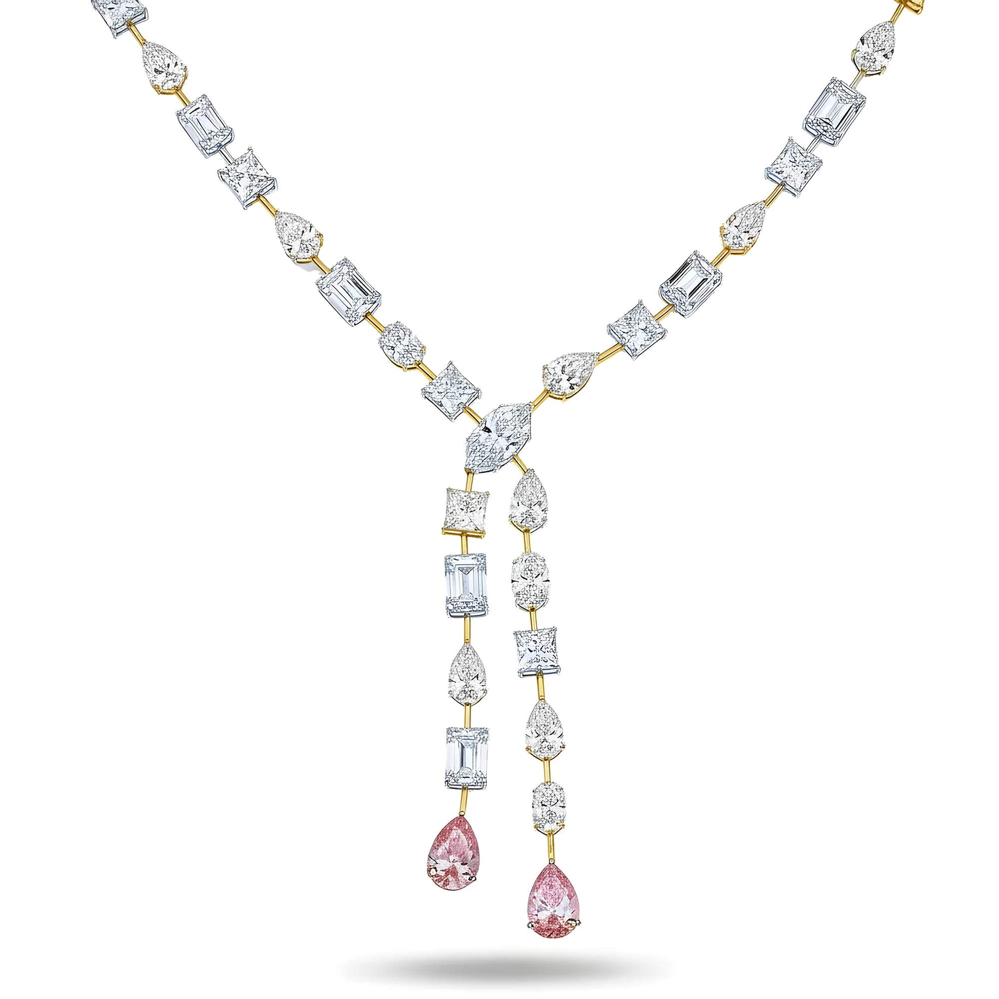 18K White Gold Multi Cut White & Fancy Vivid Pink Diamond Double Drop Necklace - Image 5