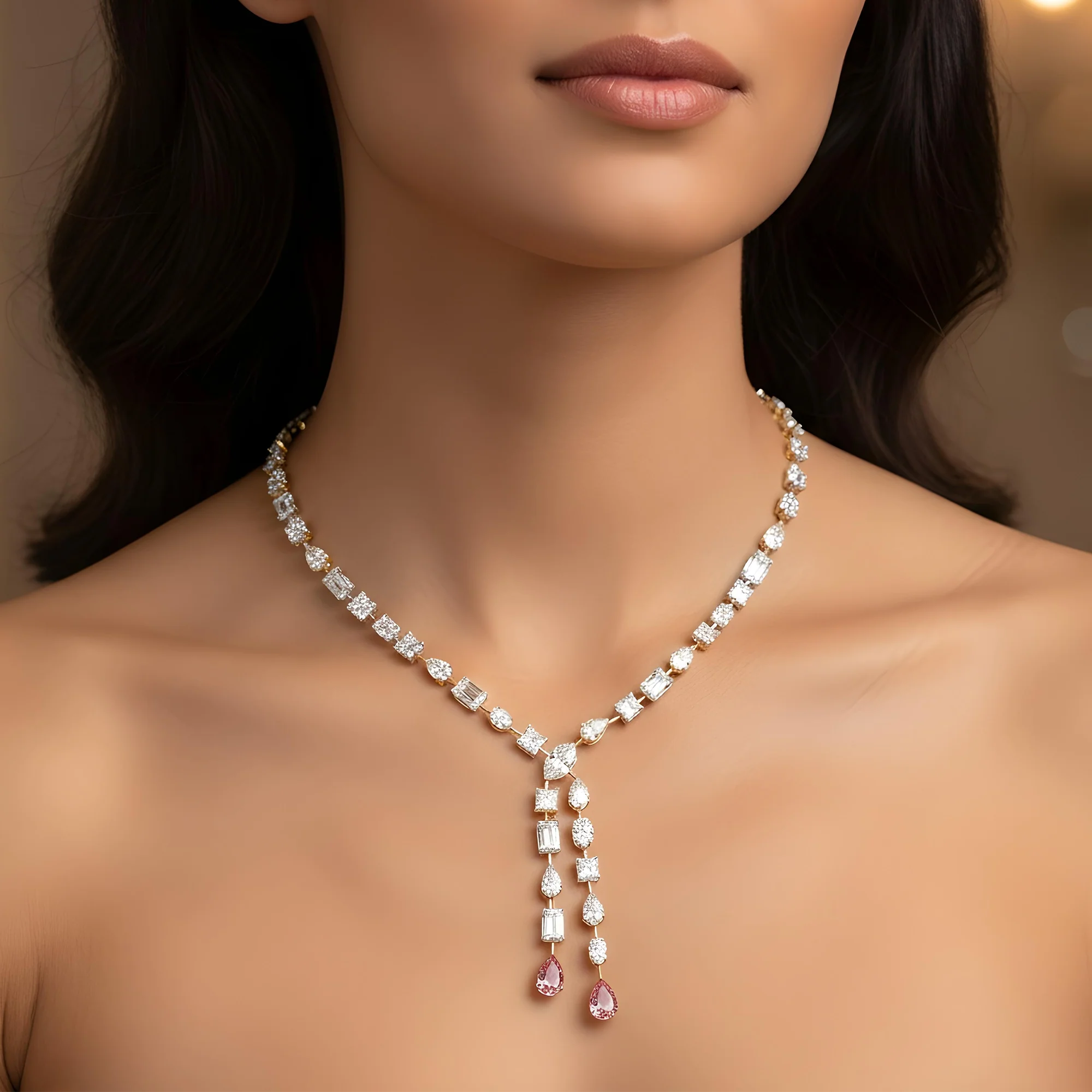 18K White Gold Multi Cut White & Fancy Vivid Pink Diamond Double Drop Necklace - Image 6