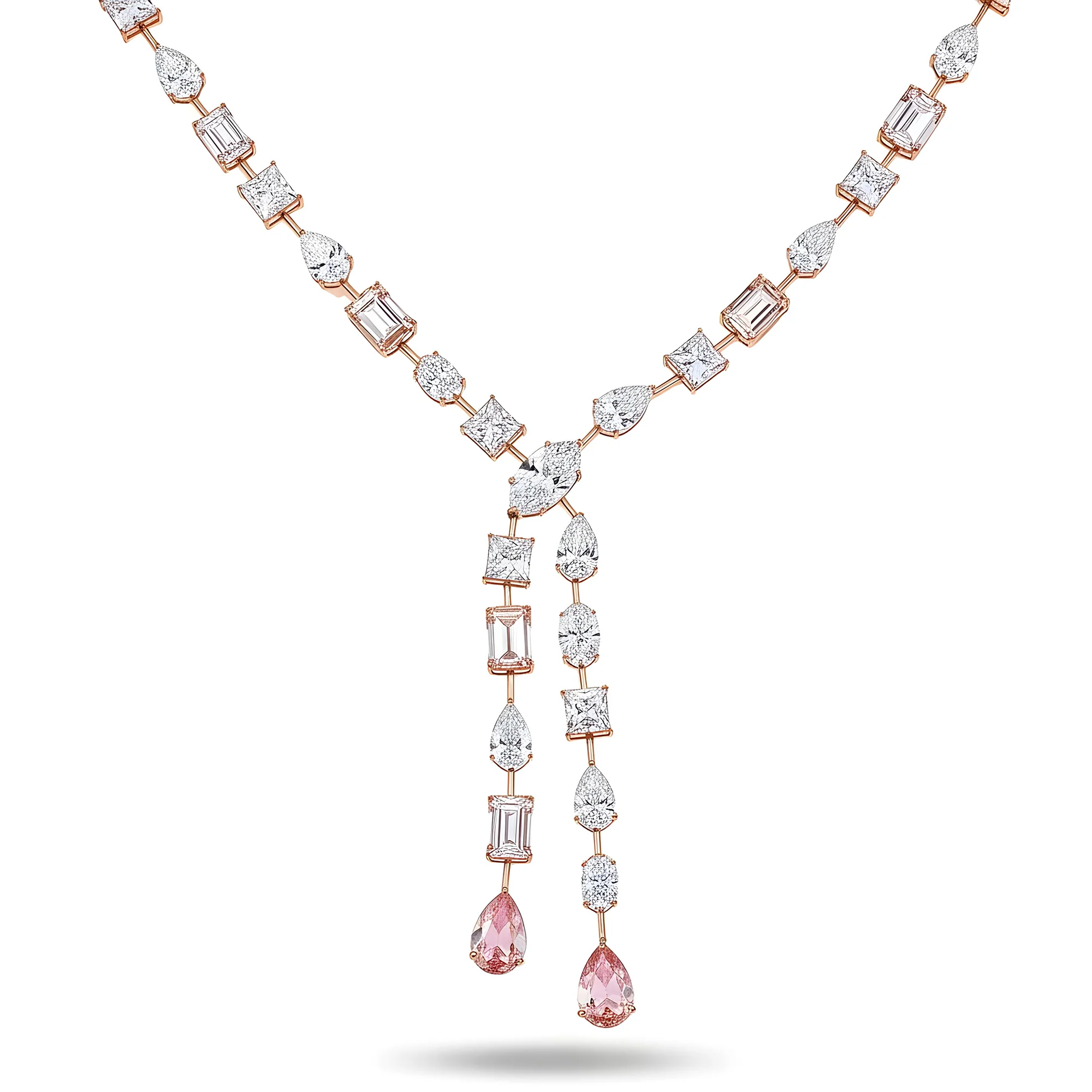 18K White Gold Multi Cut White & Fancy Vivid Pink Diamond Double Drop Necklace - Image 7
