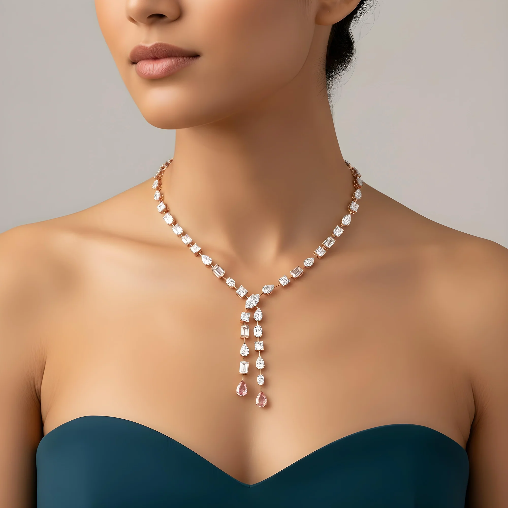 18K White Gold Multi Cut White & Fancy Vivid Pink Diamond Double Drop Necklace - Image 8