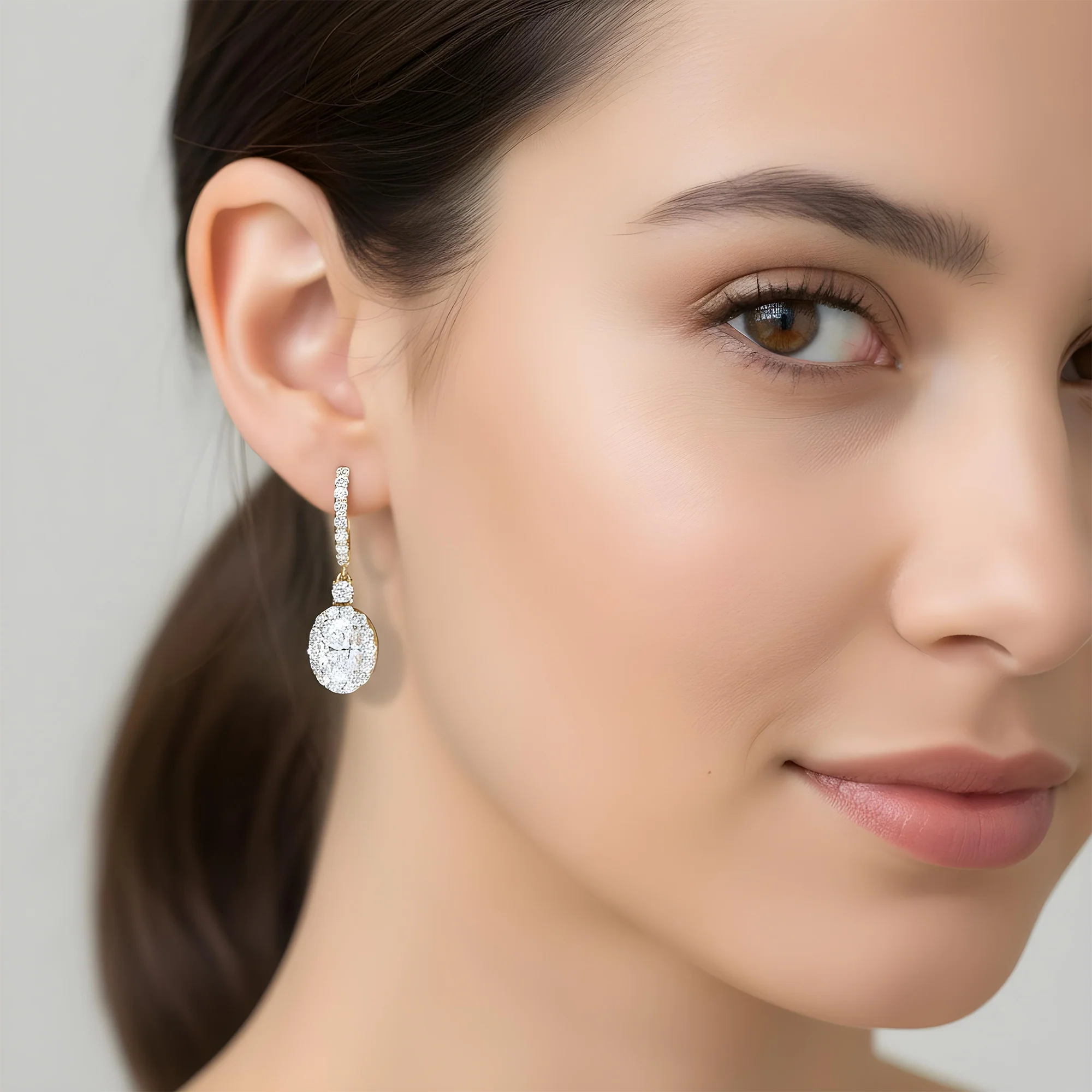 18K White Gold Oval Cut Diamond Drop Earring W/ Round Diamond Halo 5.14ctw - Image 5