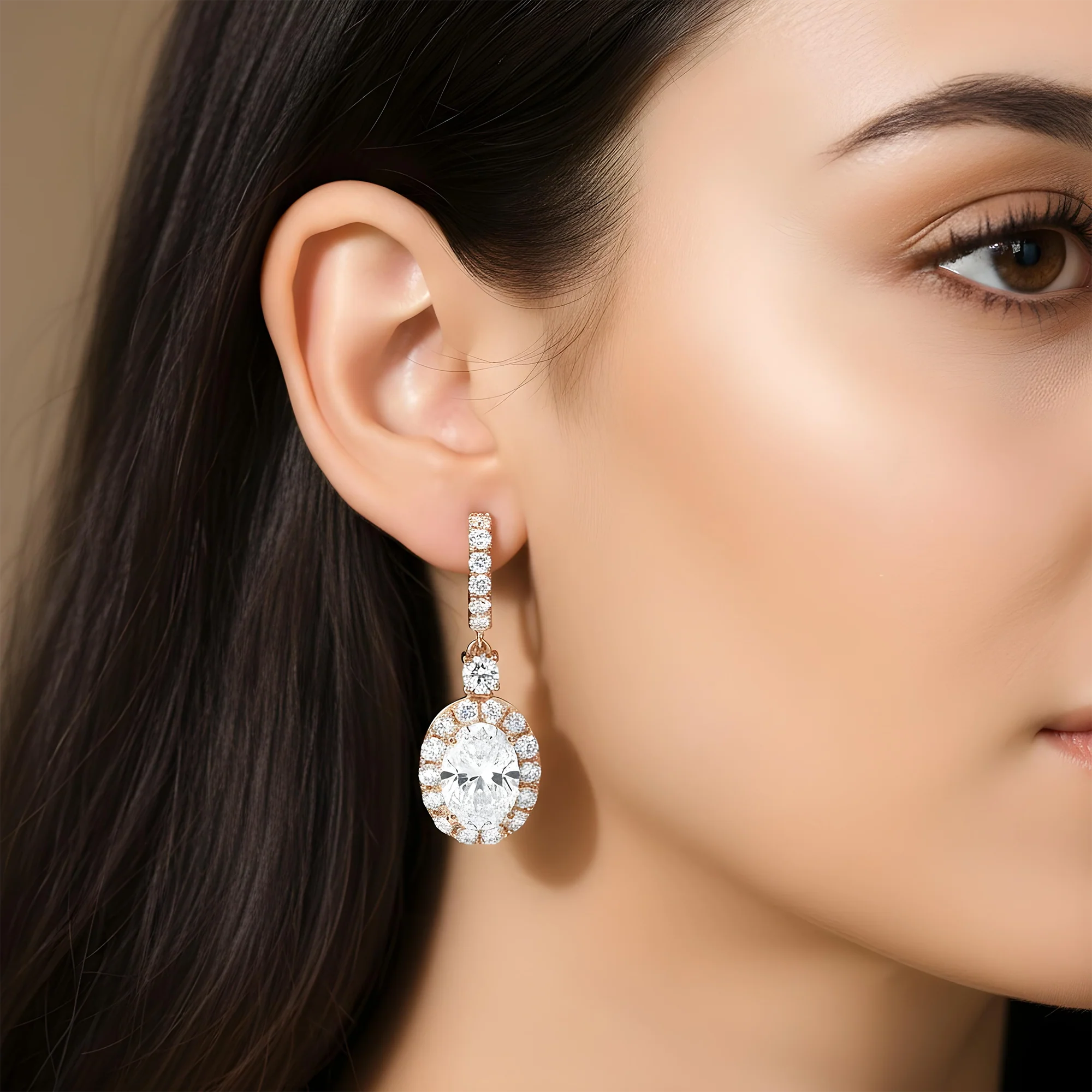 18K White Gold Oval Cut Diamond Drop Earring W/ Round Diamond Halo 5.14ctw - Image 7