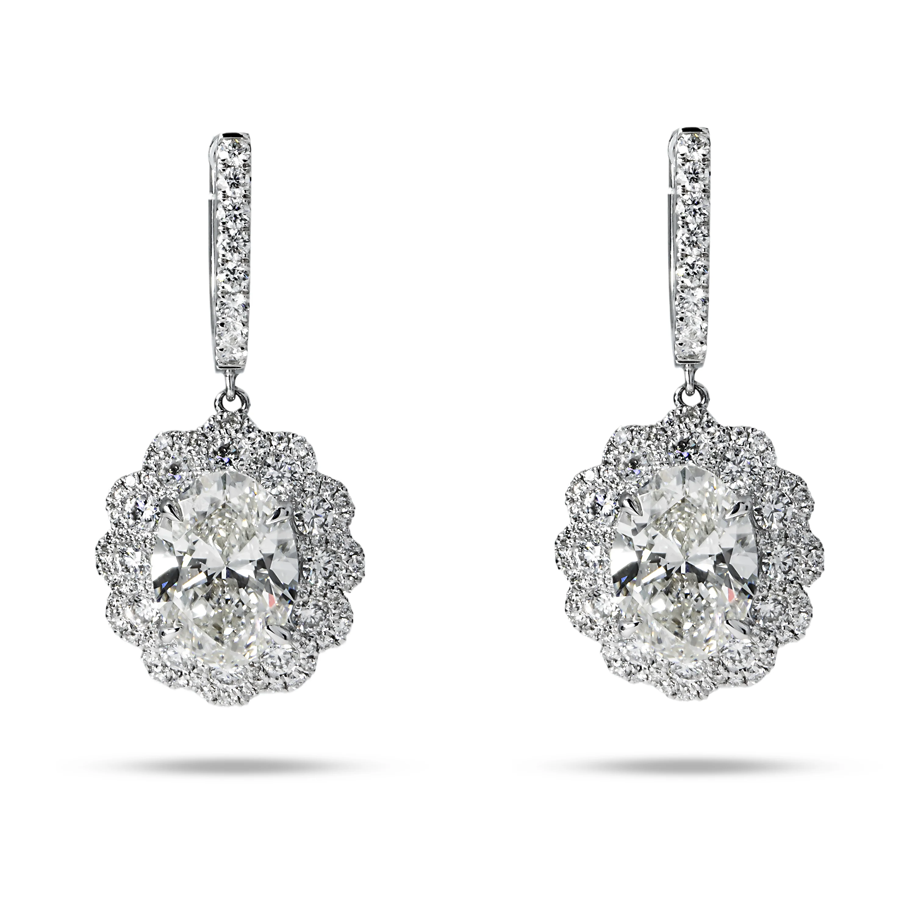 18k White Gold Oval Cut Diamond Drop Earrings W/ Round Diamond Halo 8.27ctw