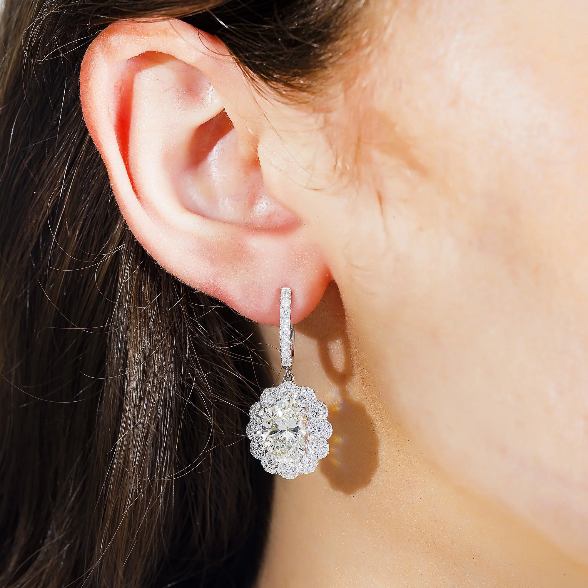18k White Gold Oval Cut Diamond Drop Earrings W/ Round Diamond Halo 8.27ctw - Image 2