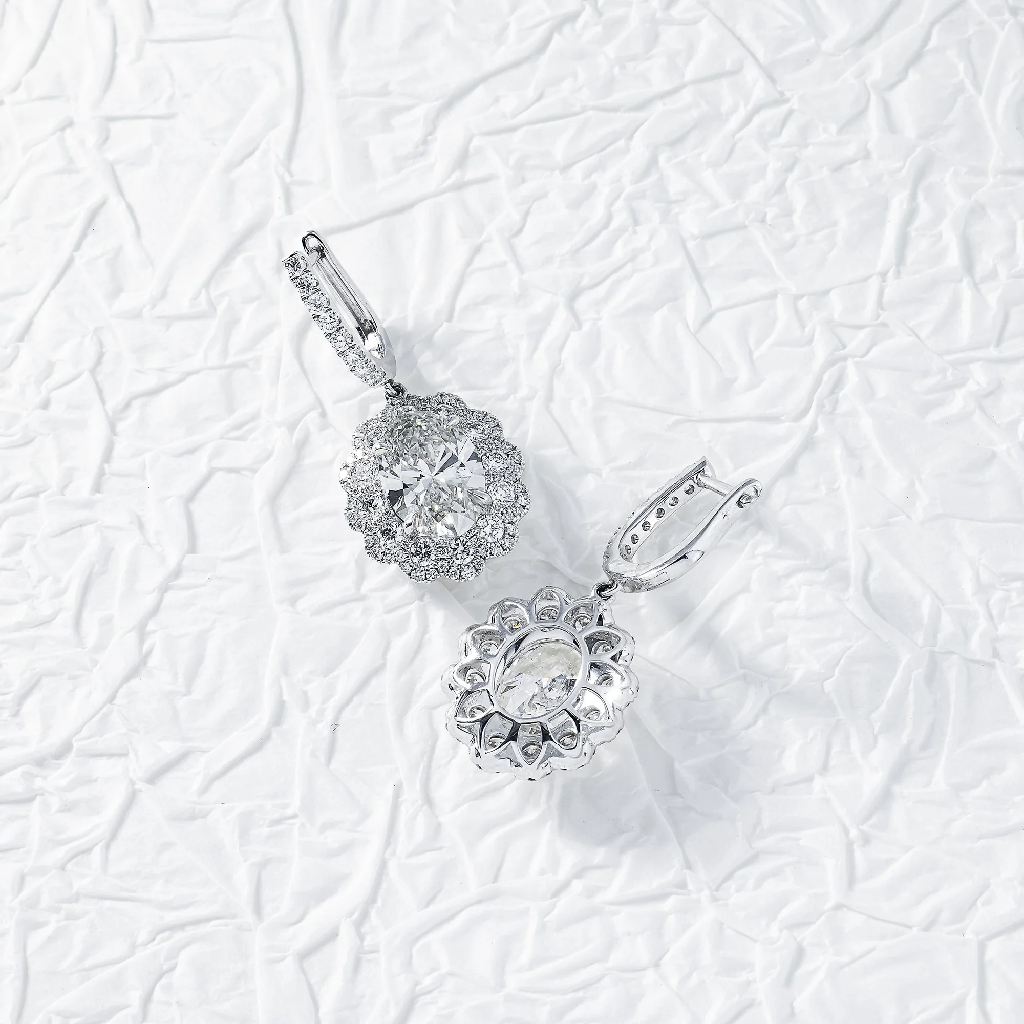 18k White Gold Oval Cut Diamond Drop Earrings W/ Round Diamond Halo 8.27ctw - Image 3