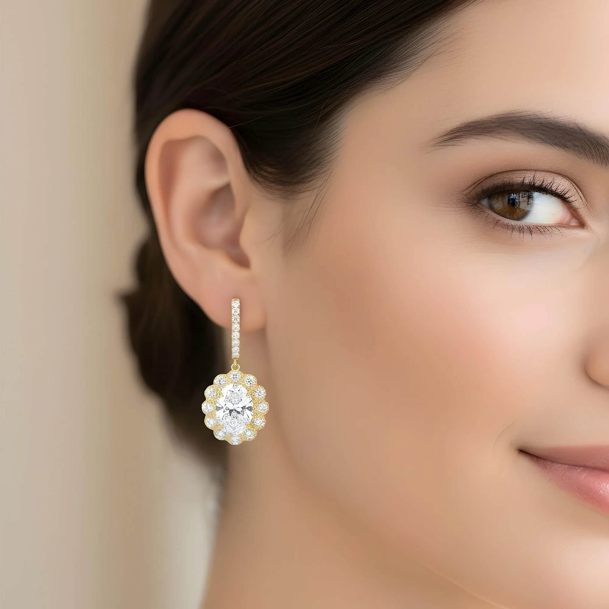 18k White Gold Oval Cut Diamond Drop Earrings W/ Round Diamond Halo 8.27ctw - Image 5