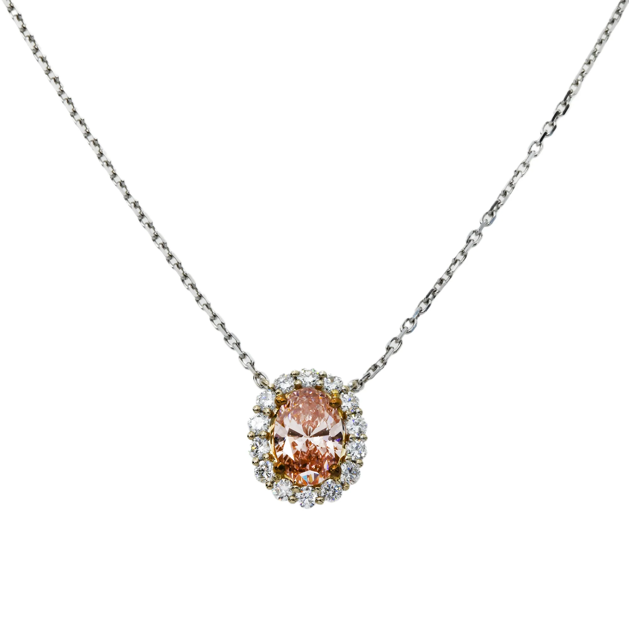 18K White Gold Oval Cut Fancy Pink Diamond Necklace 1.38ct