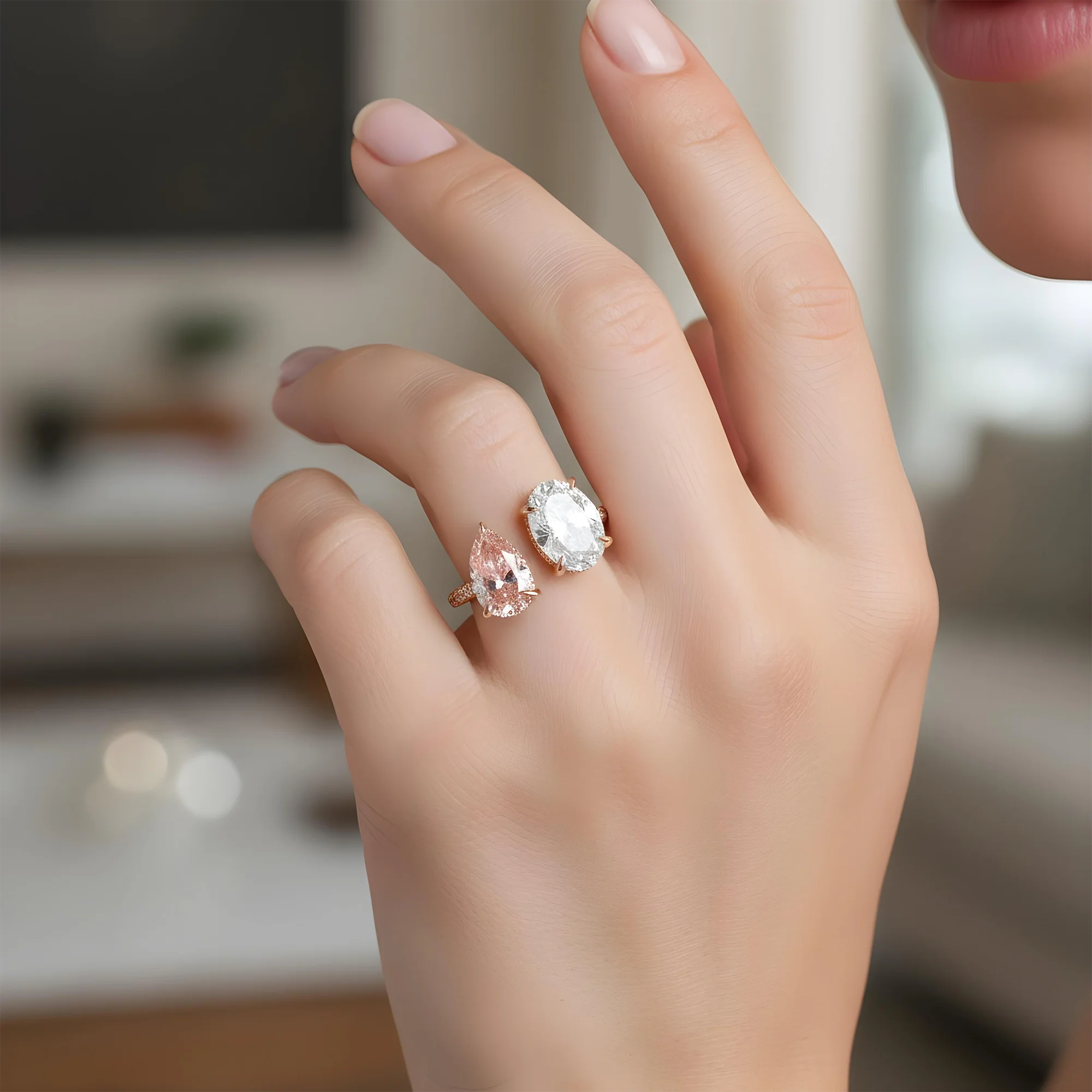 18K White Gold Oval Cut & Fancy Pink Pear Cut Double Diamond Toi et Moi Ring 7.93ctw - Image 10