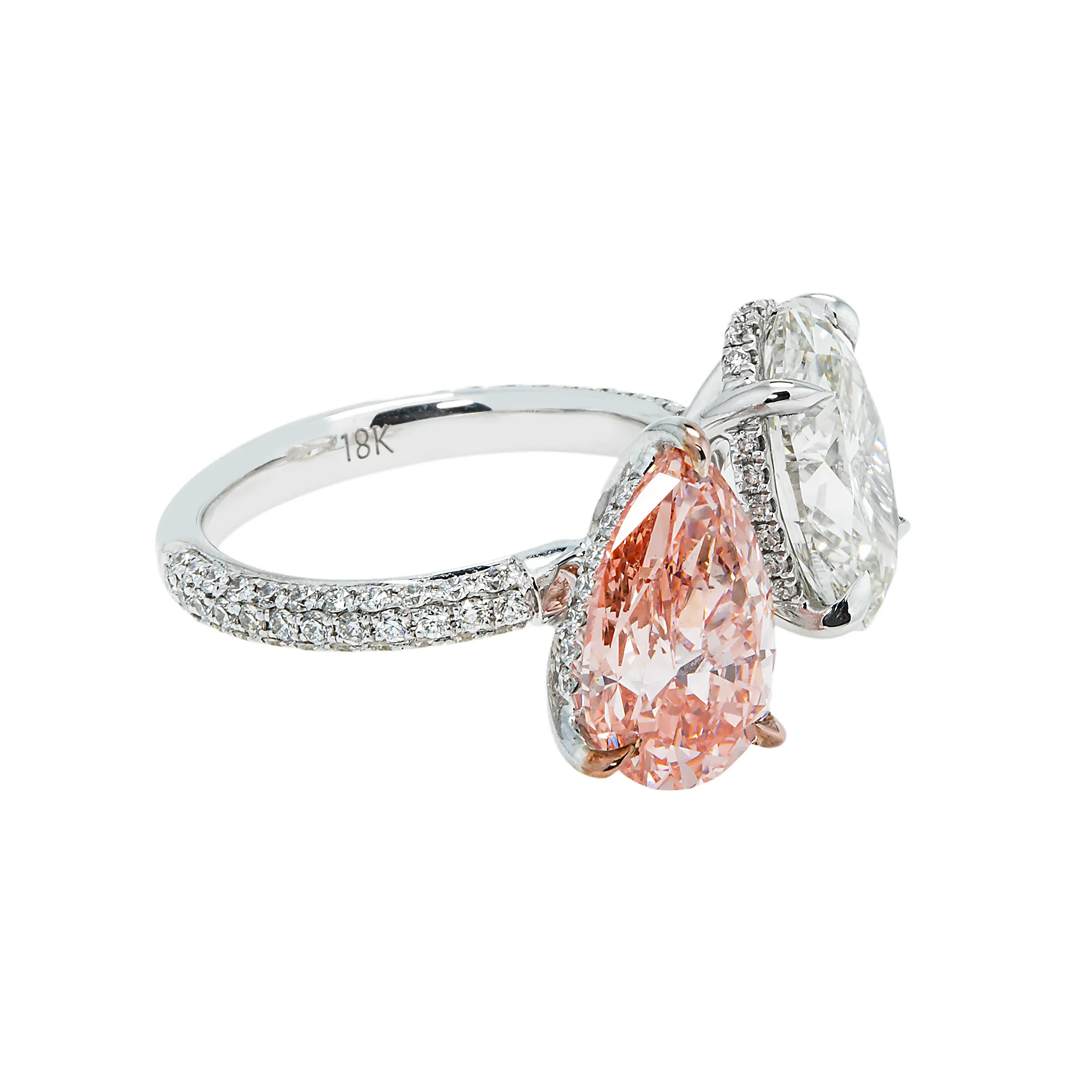 18K White Gold Oval Cut & Fancy Pink Pear Cut Double Diamond Toi et Moi Ring 7.93ctw - Image 4