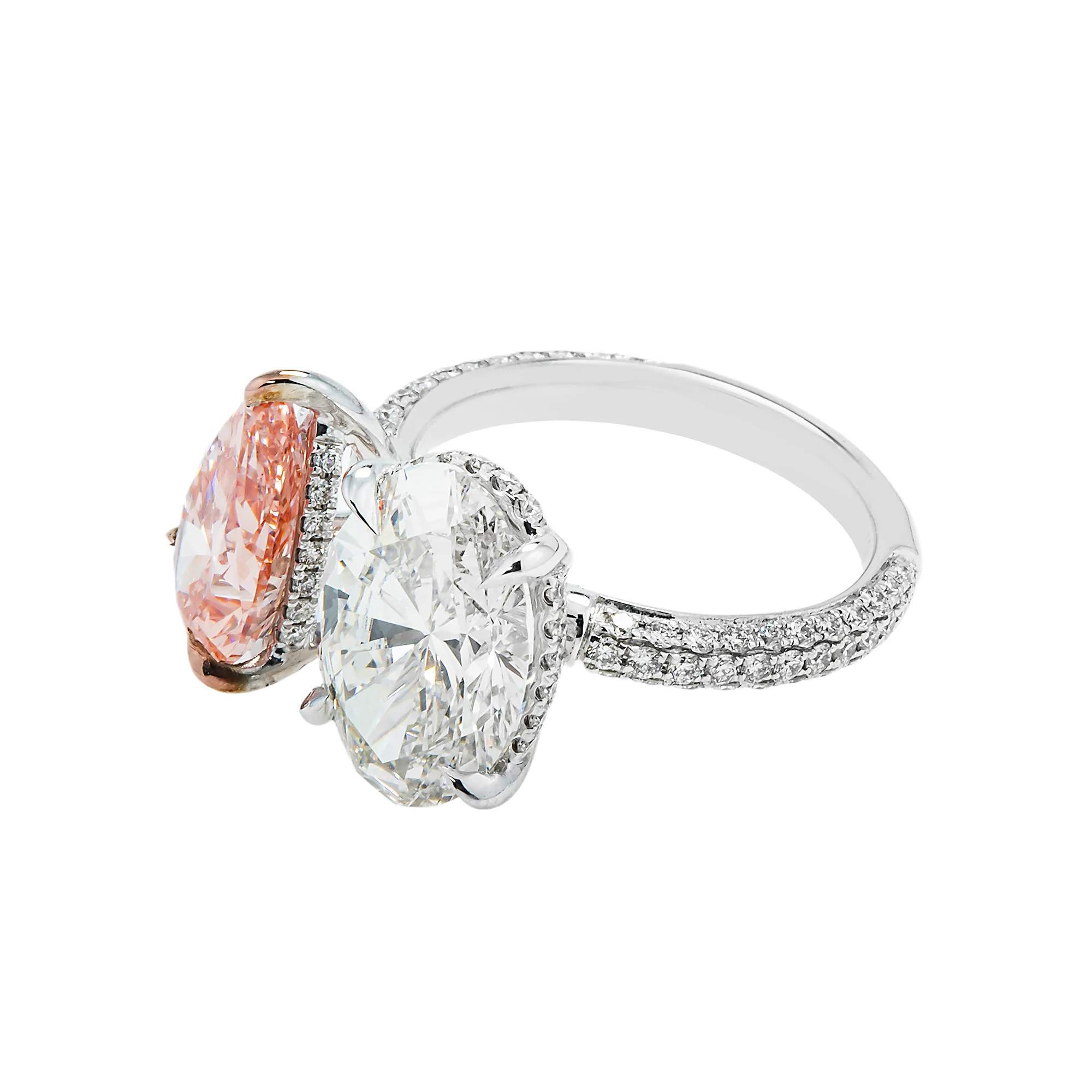 18K White Gold Oval Cut & Fancy Pink Pear Cut Double Diamond Toi et Moi Ring 7.93ctw - Image 5