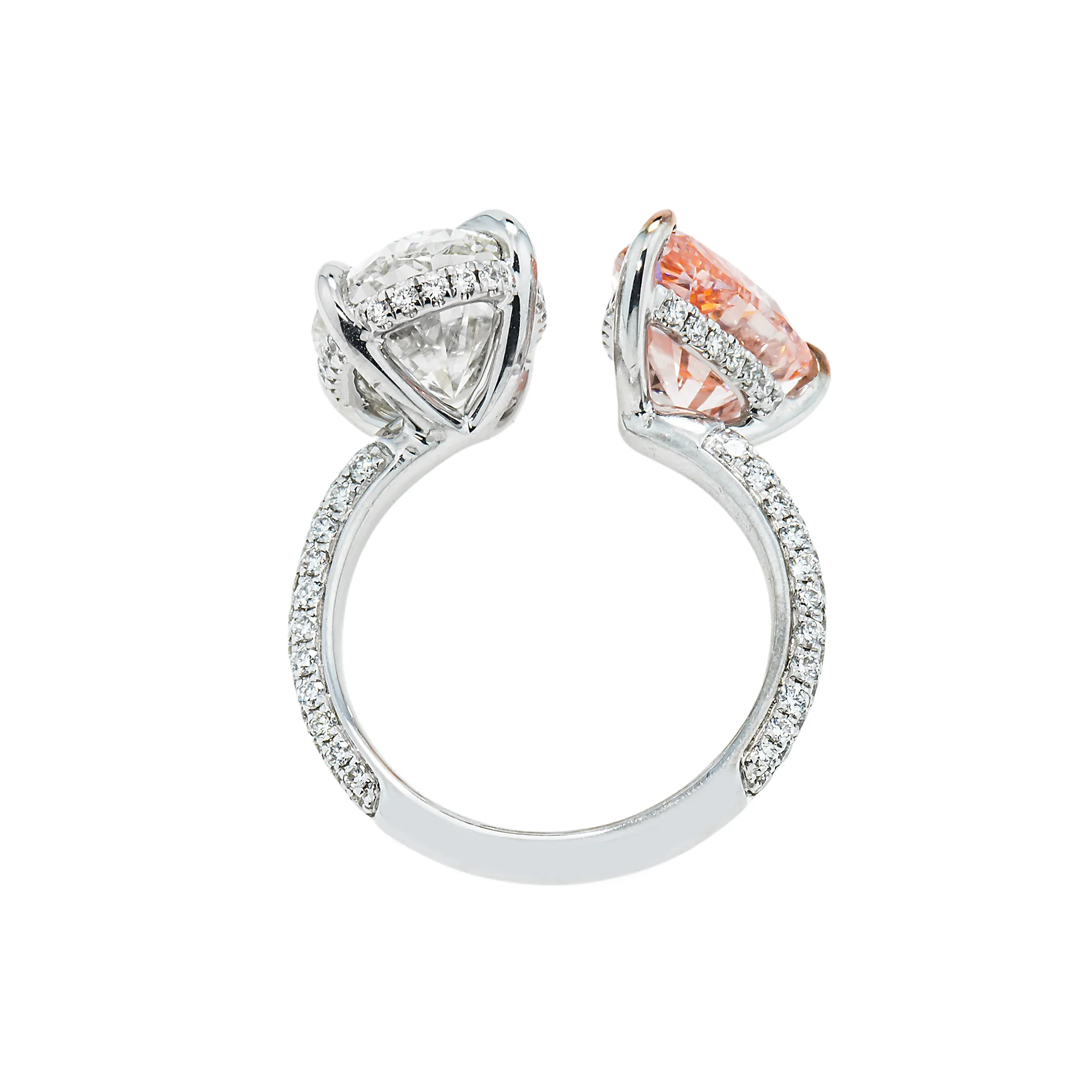 18K White Gold Oval Cut & Fancy Pink Pear Cut Double Diamond Toi et Moi Ring 7.93ctw - Image 6