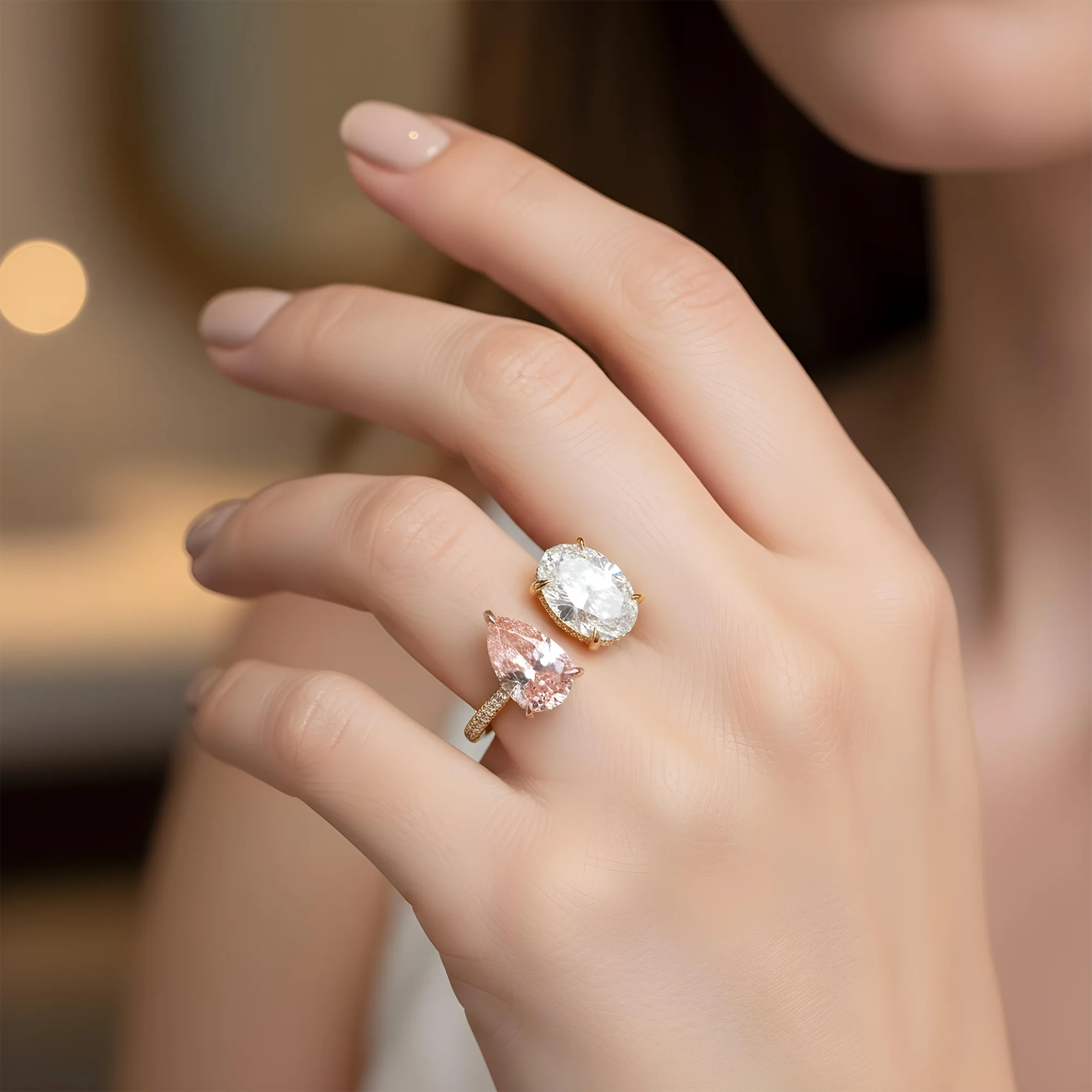 18K White Gold Oval Cut & Fancy Pink Pear Cut Double Diamond Toi et Moi Ring 7.93ctw - Image 8