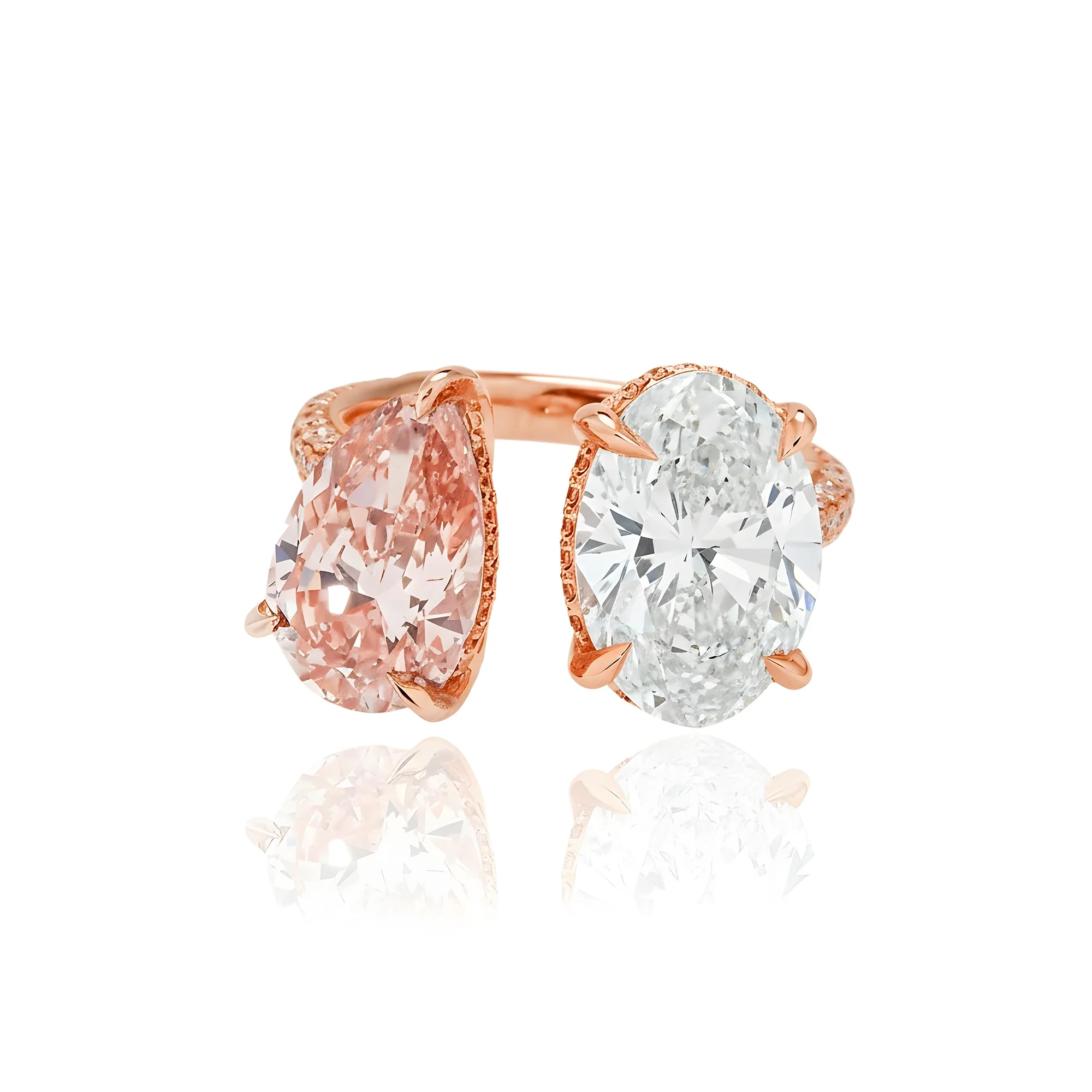 18K White Gold Oval Cut & Fancy Pink Pear Cut Double Diamond Toi et Moi Ring 7.93ctw - Image 9