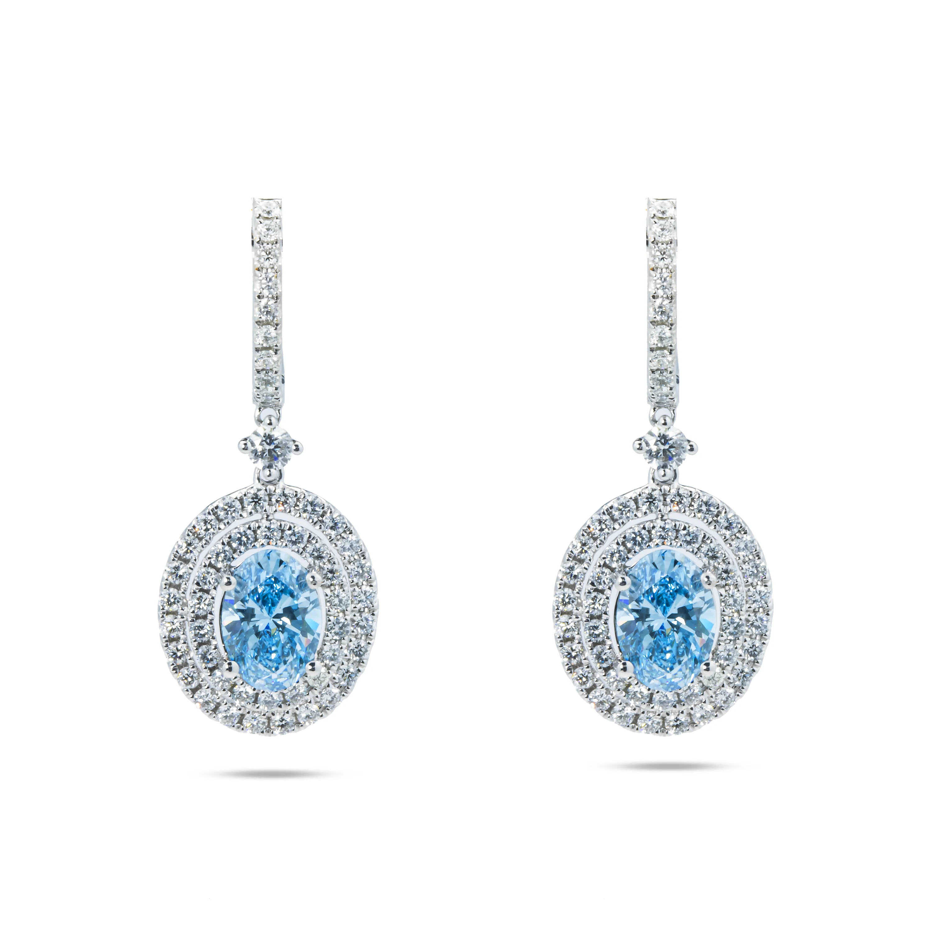 18K White Gold Oval Cut Fancy Vivid Blue Diamond Drop Earrings 3.29ctw