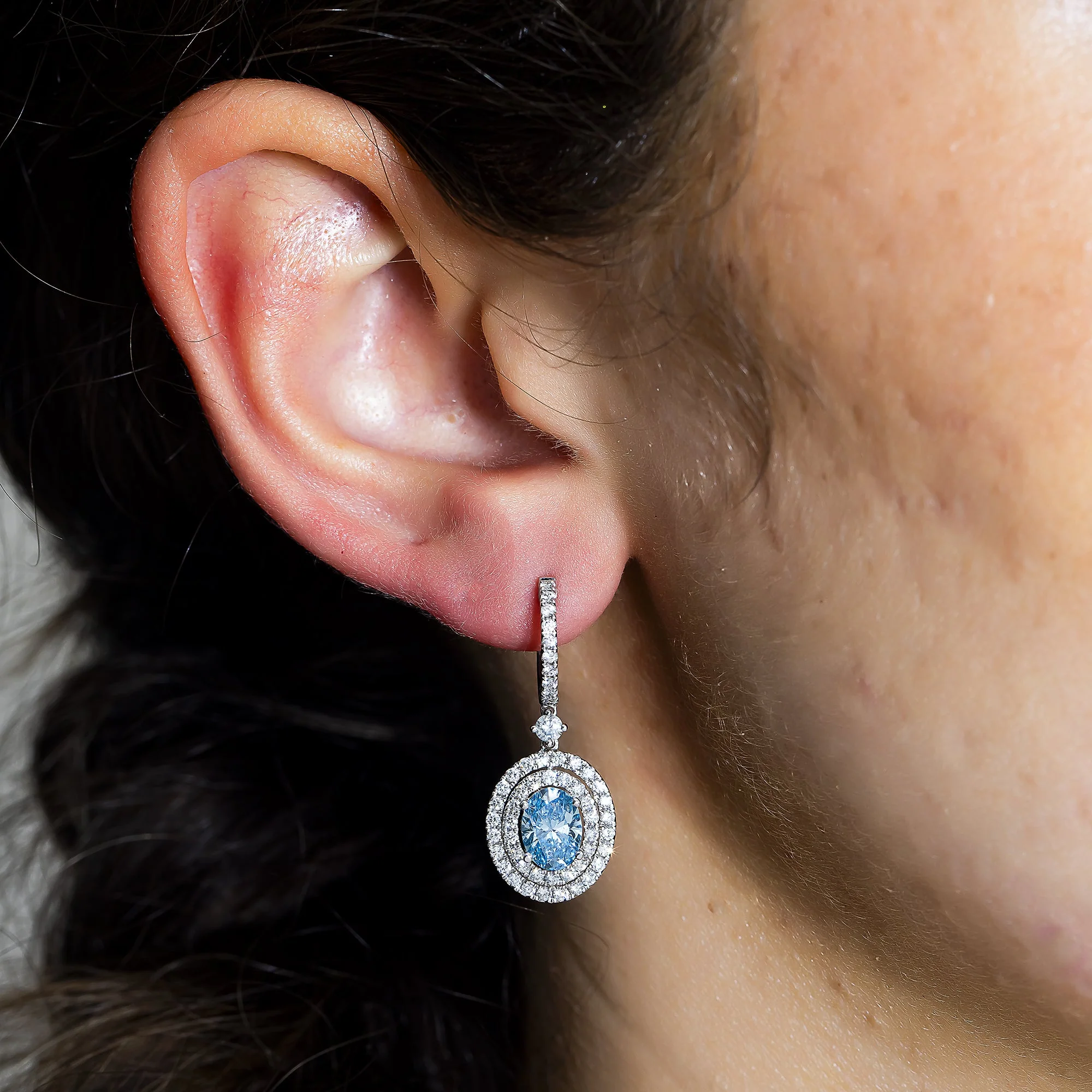 18K White Gold Oval Cut Fancy Vivid Blue Diamond Drop Earrings 3.29ctw - Image 2