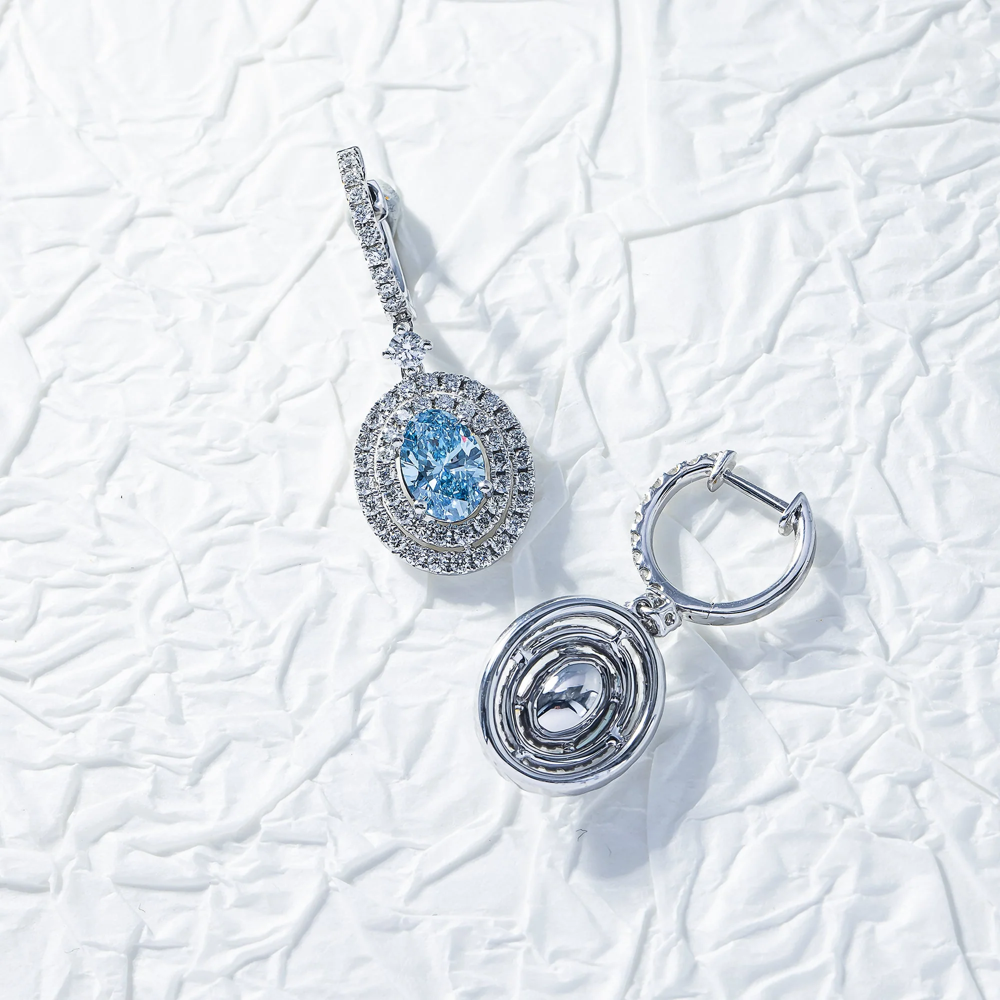 18K White Gold Oval Cut Fancy Vivid Blue Diamond Drop Earrings 3.29ctw - Image 3