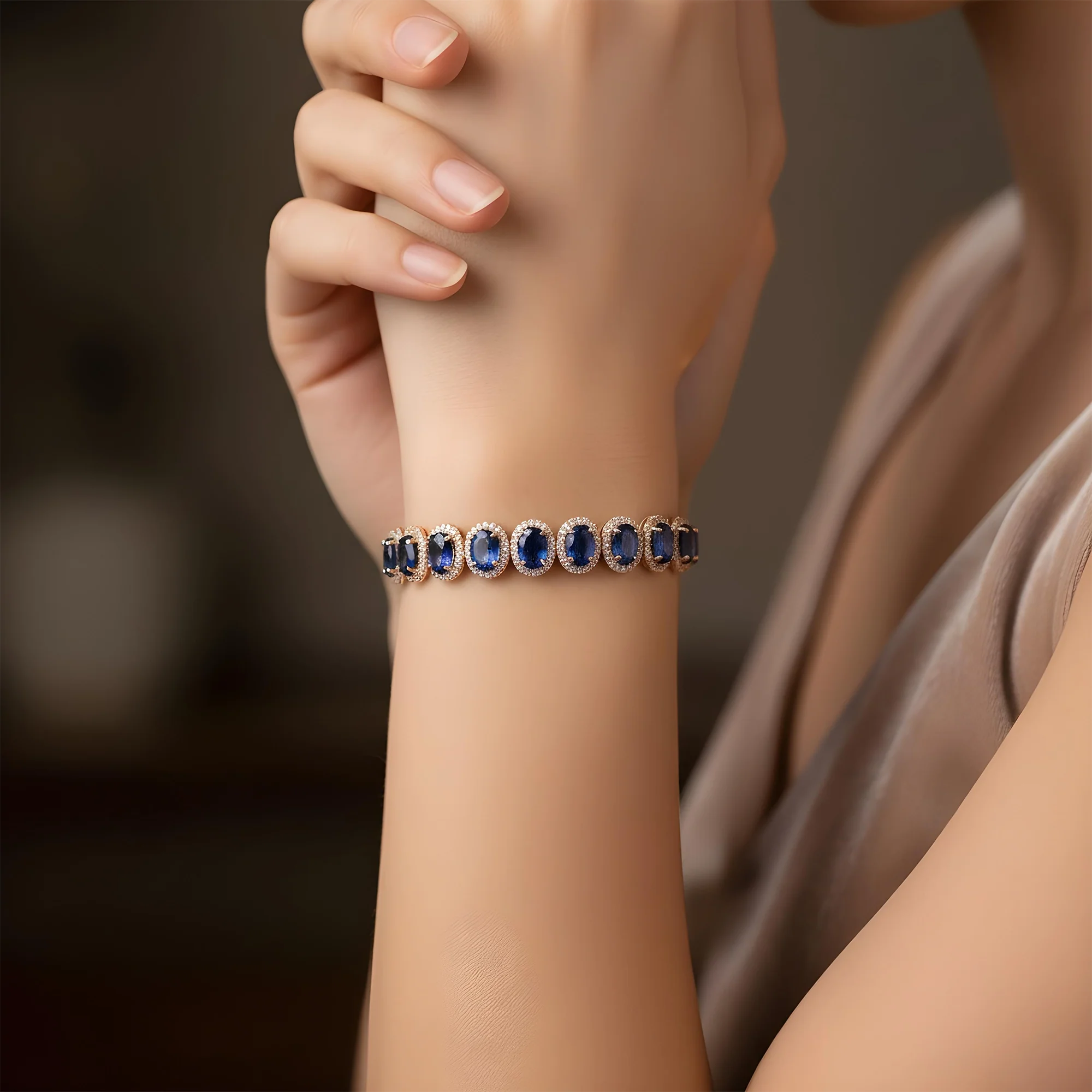 18K White Gold Oval Cut Sapphire & Diamond Bracelet - Image 7