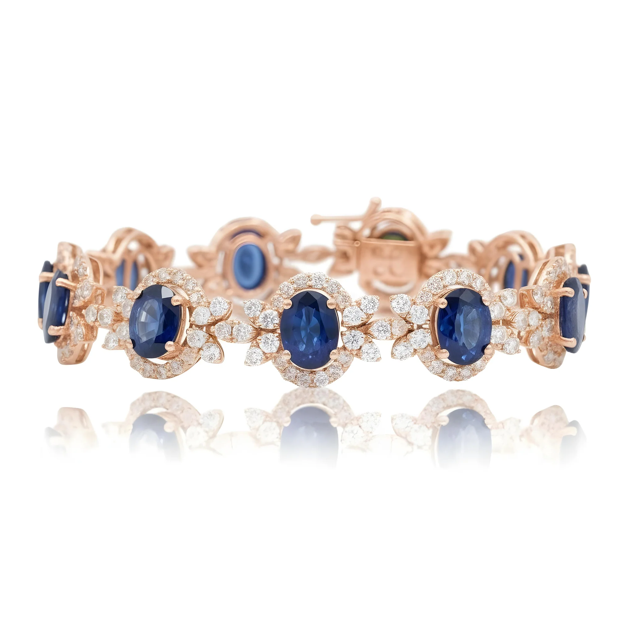 18K White Gold Oval Cut Sapphire & Diamond Bracelet - Image 6