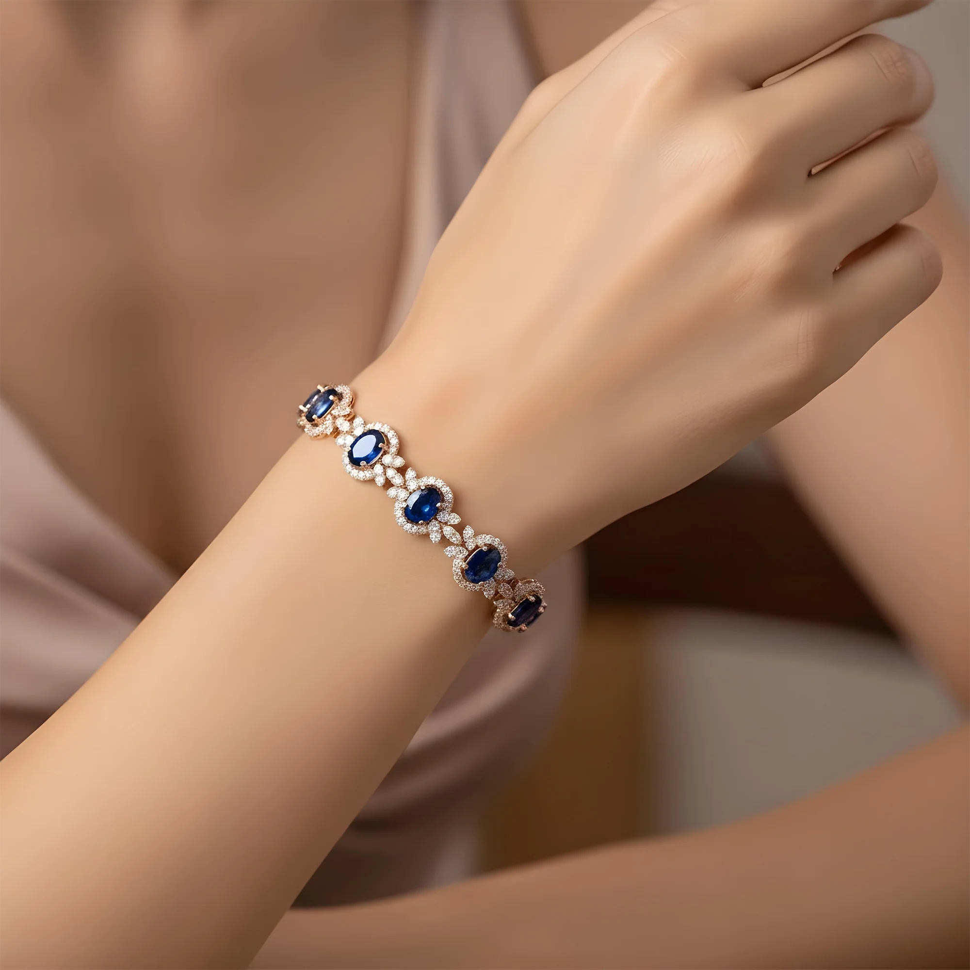 18K White Gold Oval Cut Sapphire & Diamond Bracelet - Image 7