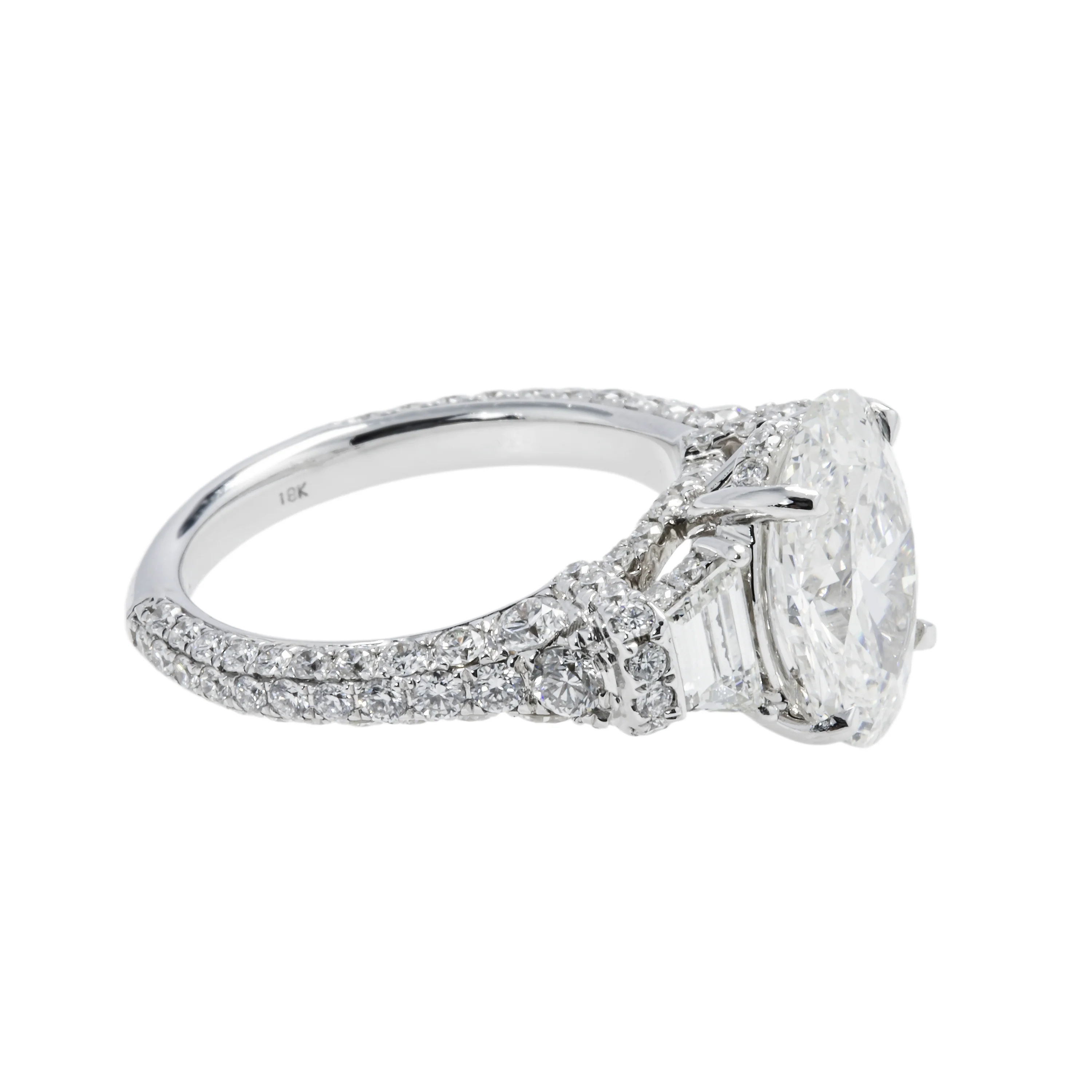 GIA 18K White Gold 3.40ct Oval Cut Triple Diamond Engagement Ring - Image 4