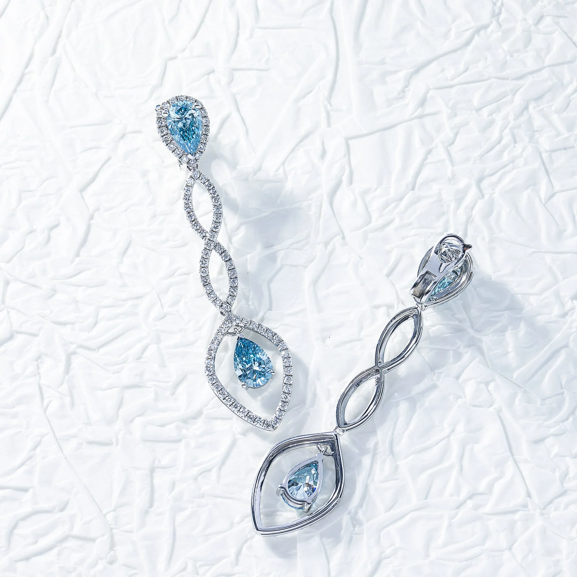 18K White Gold Pear Cut Fancy Vivid Blue Diamond Drop Earrings 5.50ctw - Image 3