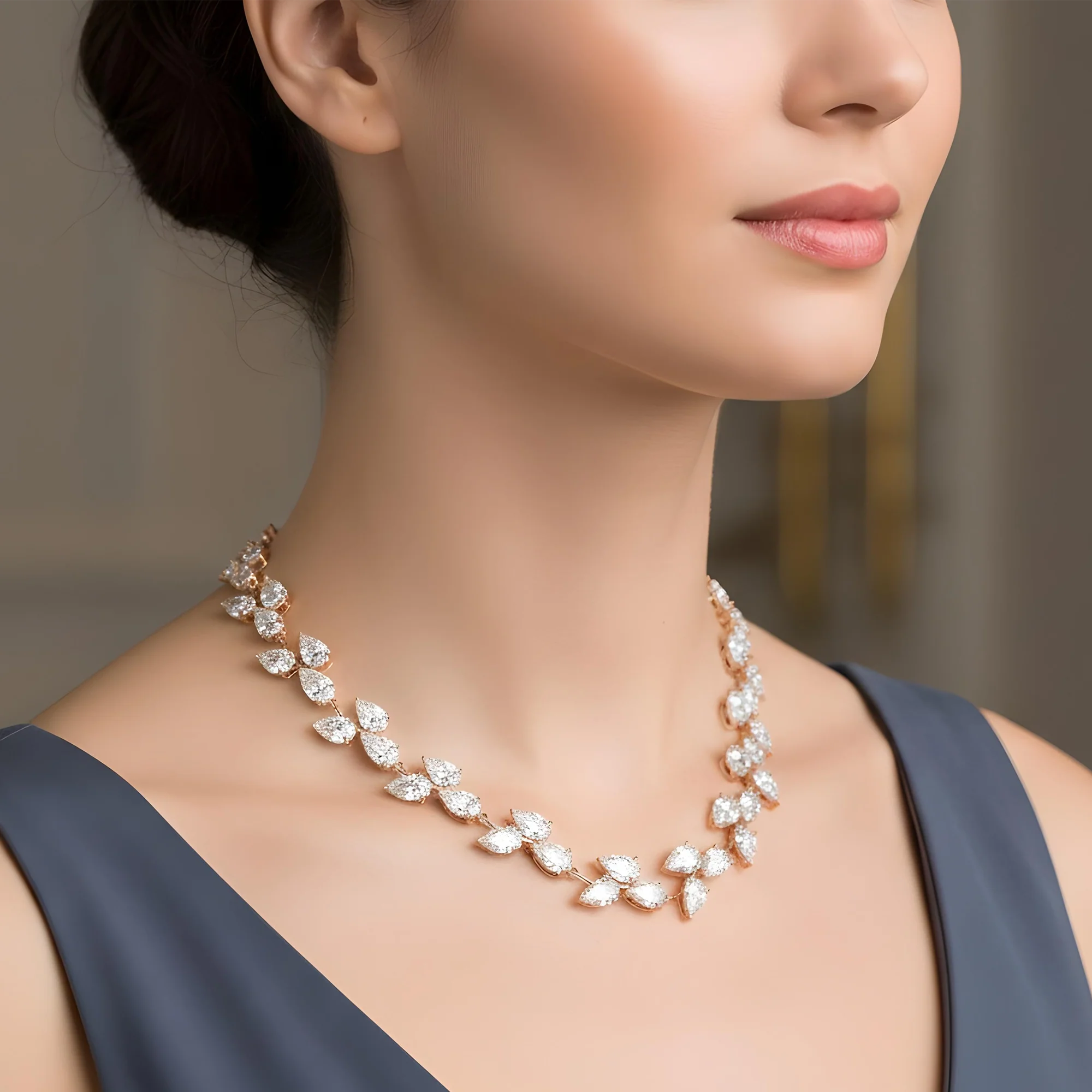 18K White Gold Pear Cut Diamond Rosebud Vine Necklace 56.69ct - Image 7