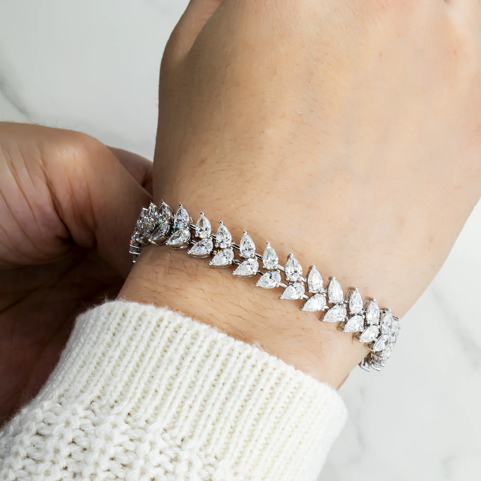 18K White Gold Pear Cut Diamond Rosebud Tennis Bracelet 16.68ctw - Image 2