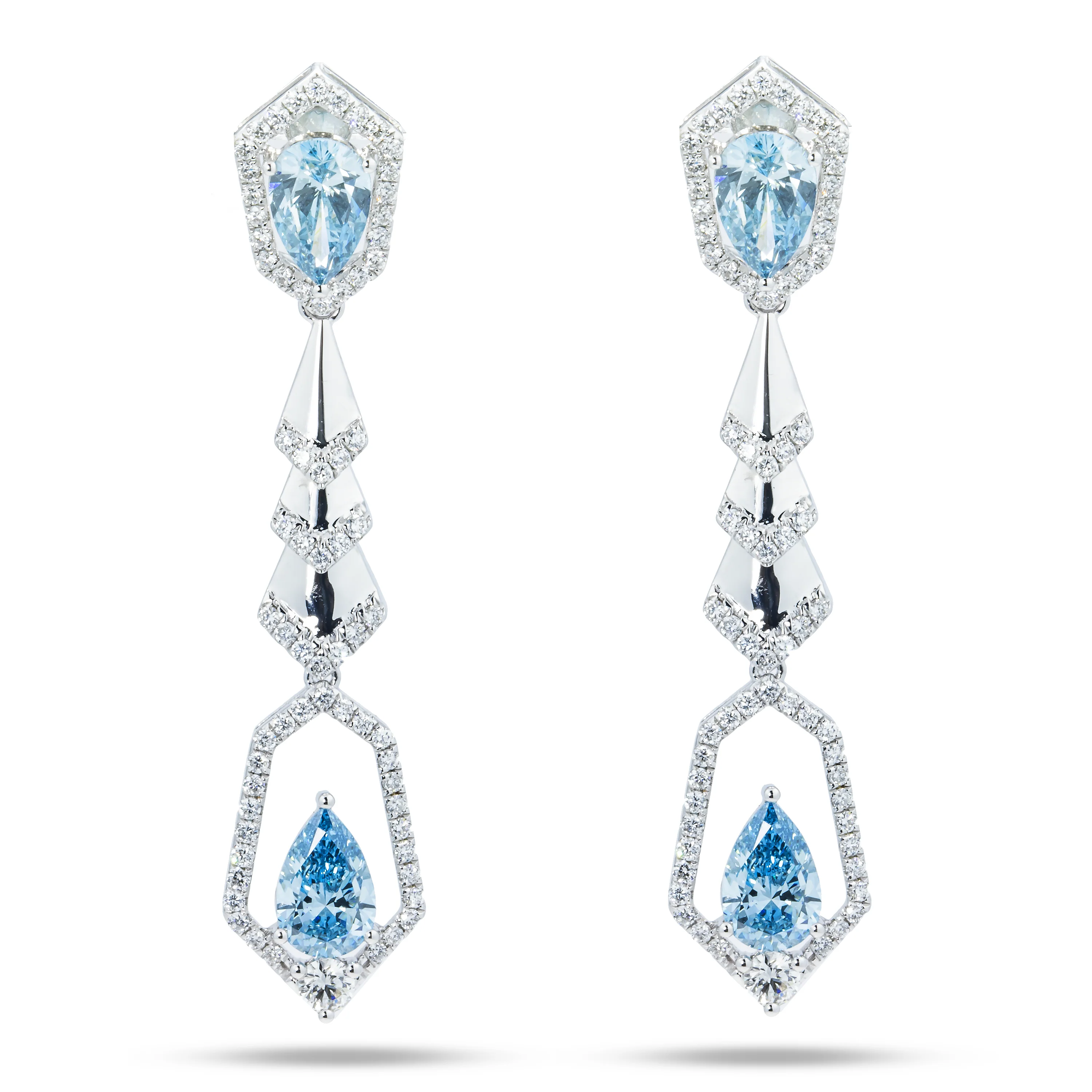 18K White Gold Pear Cut Fancy Vivid Blue Diamond Geometric Drop Earrings 5.59ctw