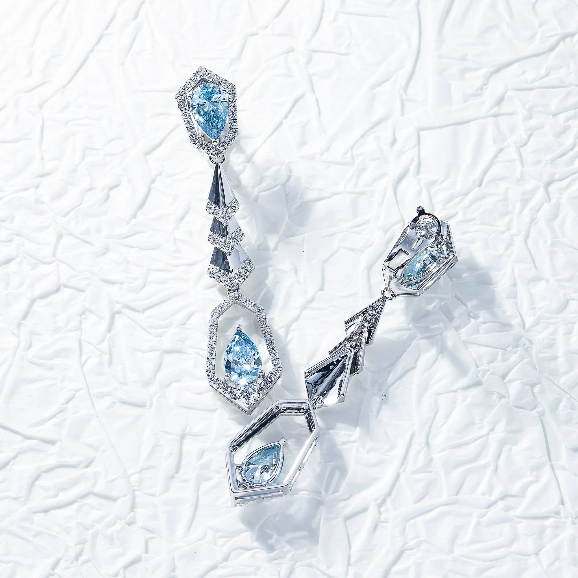 18K White Gold Pear Cut Fancy Vivid Blue Diamond Geometric Drop Earrings 5.59ctw - Image 3