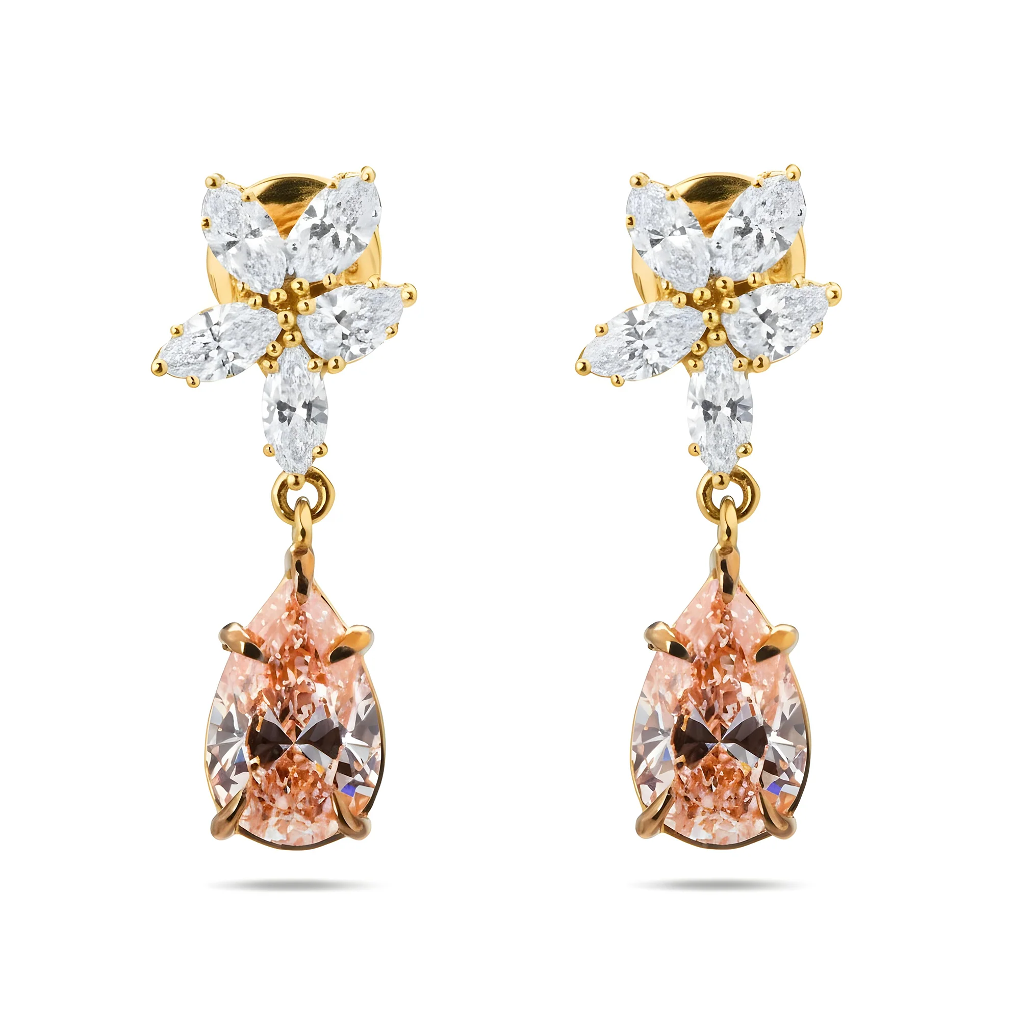 18K White Gold Pear Cut Pink Vivid Diamond Mini Flower Drop Earrings 4.17ctw - Image 4