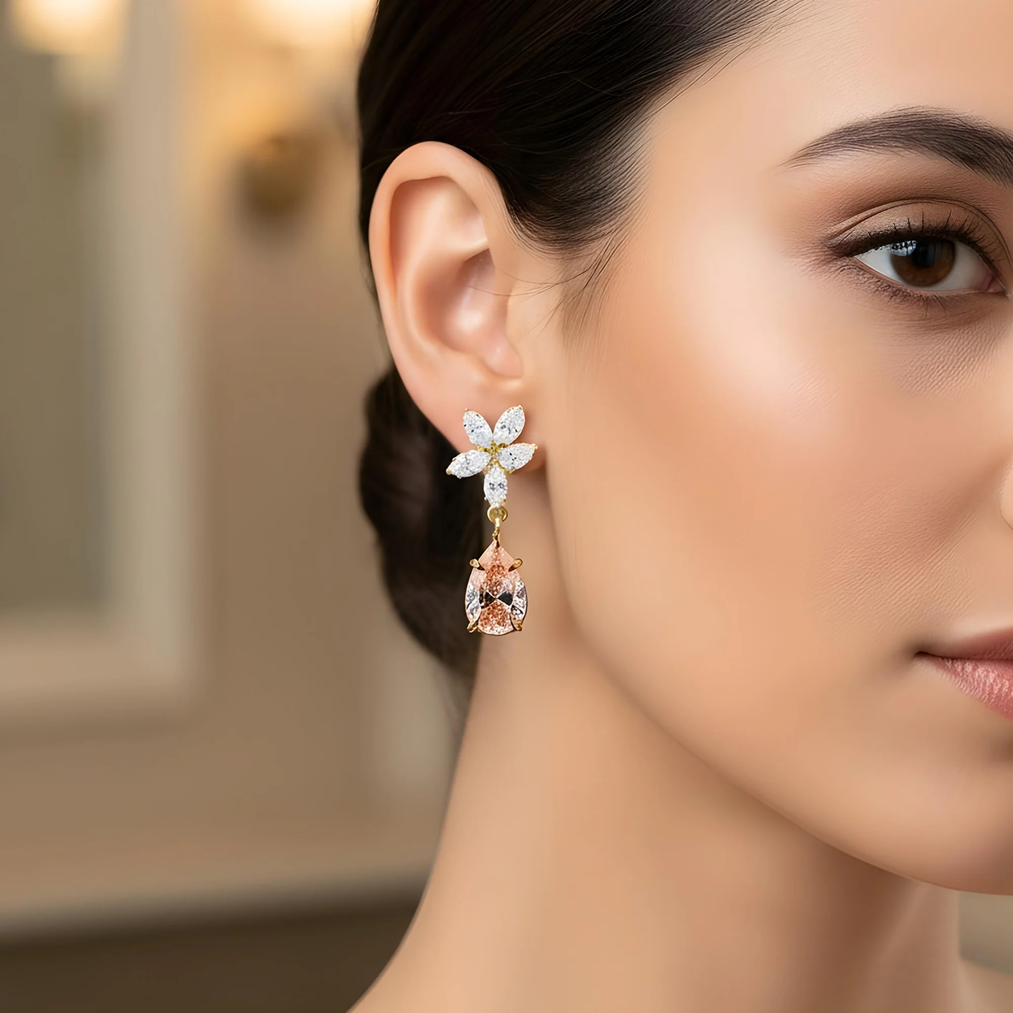 18K White Gold Pear Cut Pink Vivid Diamond Mini Flower Drop Earrings 4.17ctw - Image 5