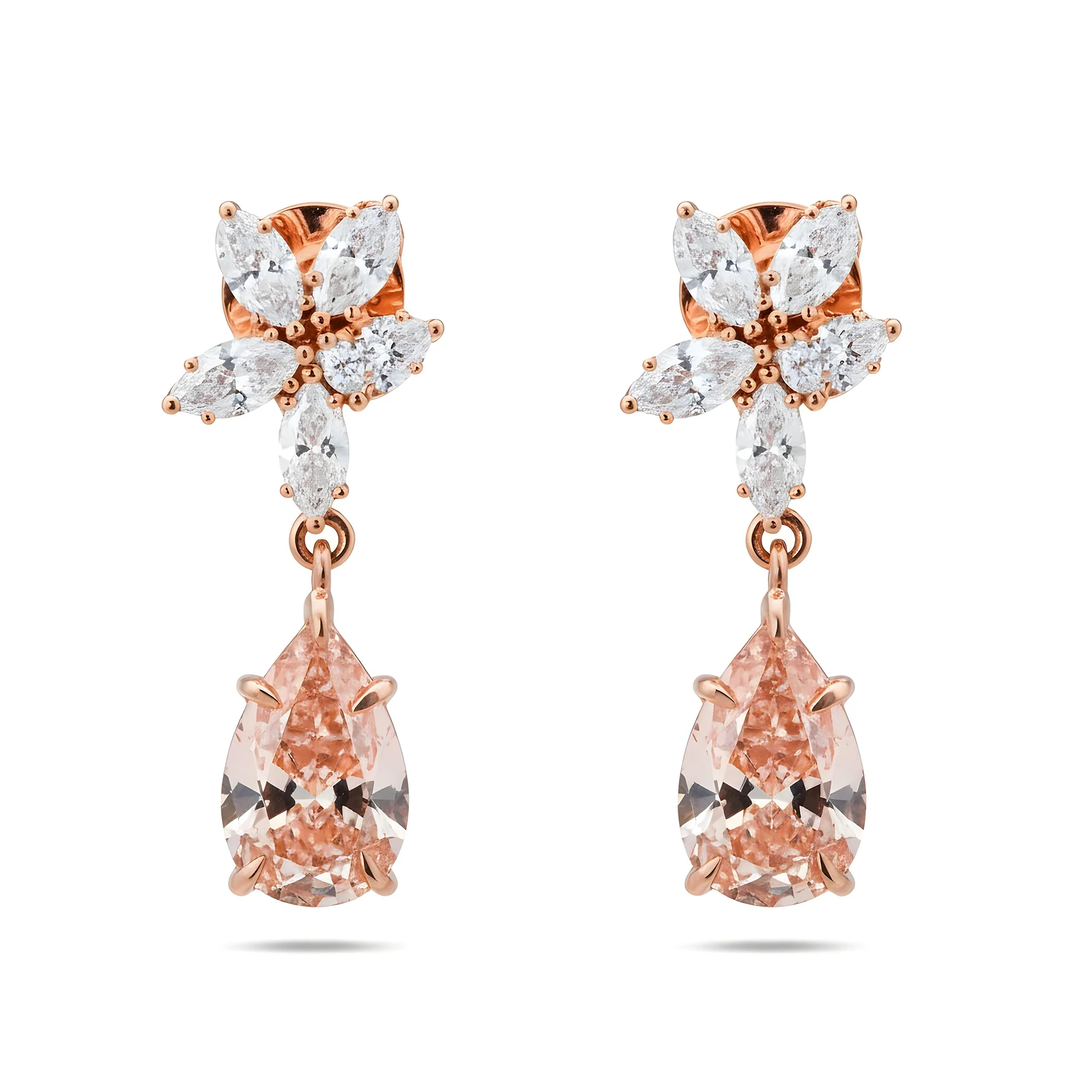 18K White Gold Pear Cut Pink Vivid Diamond Mini Flower Drop Earrings 4.17ctw - Image 6