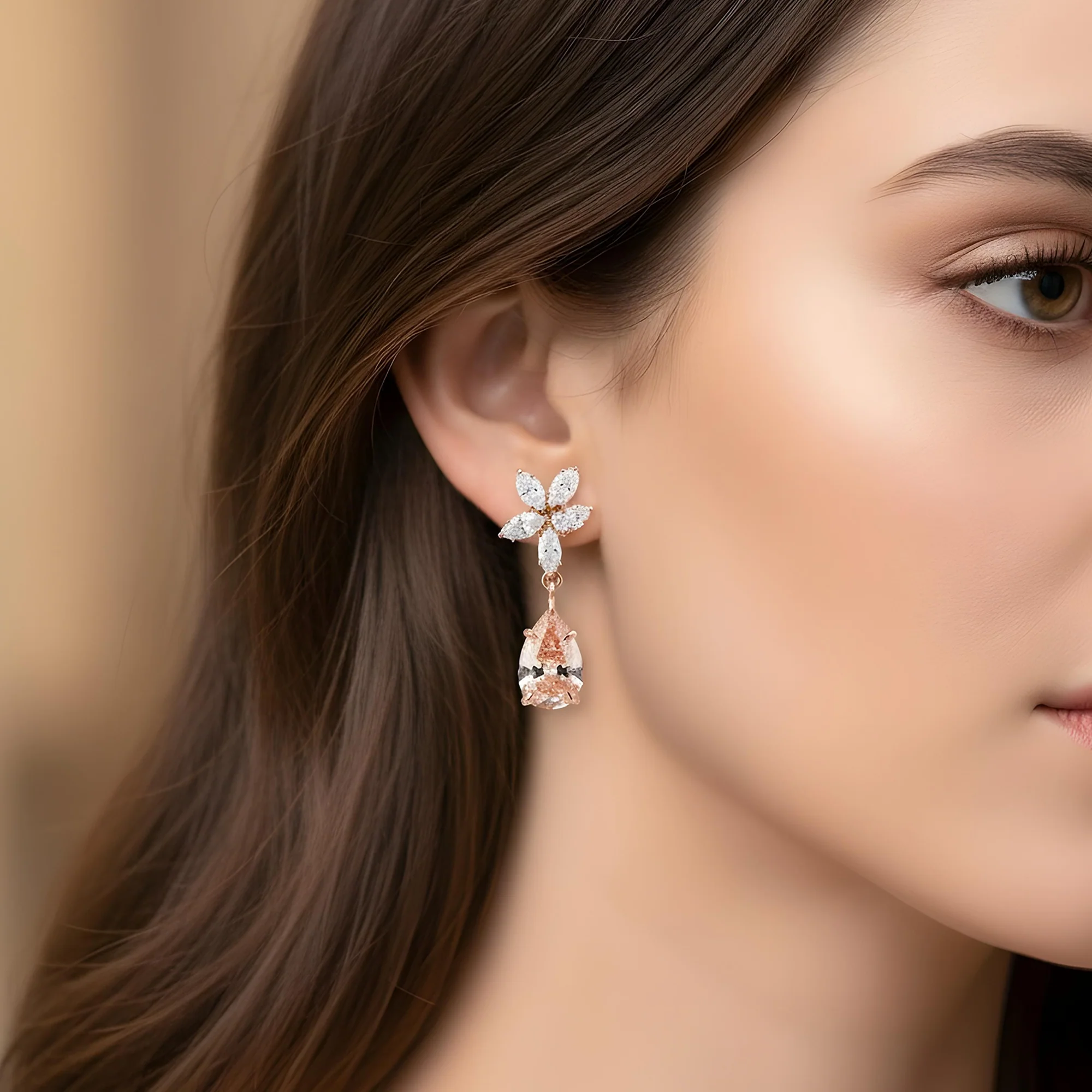 18K White Gold Pear Cut Pink Vivid Diamond Mini Flower Drop Earrings 4.17ctw - Image 7