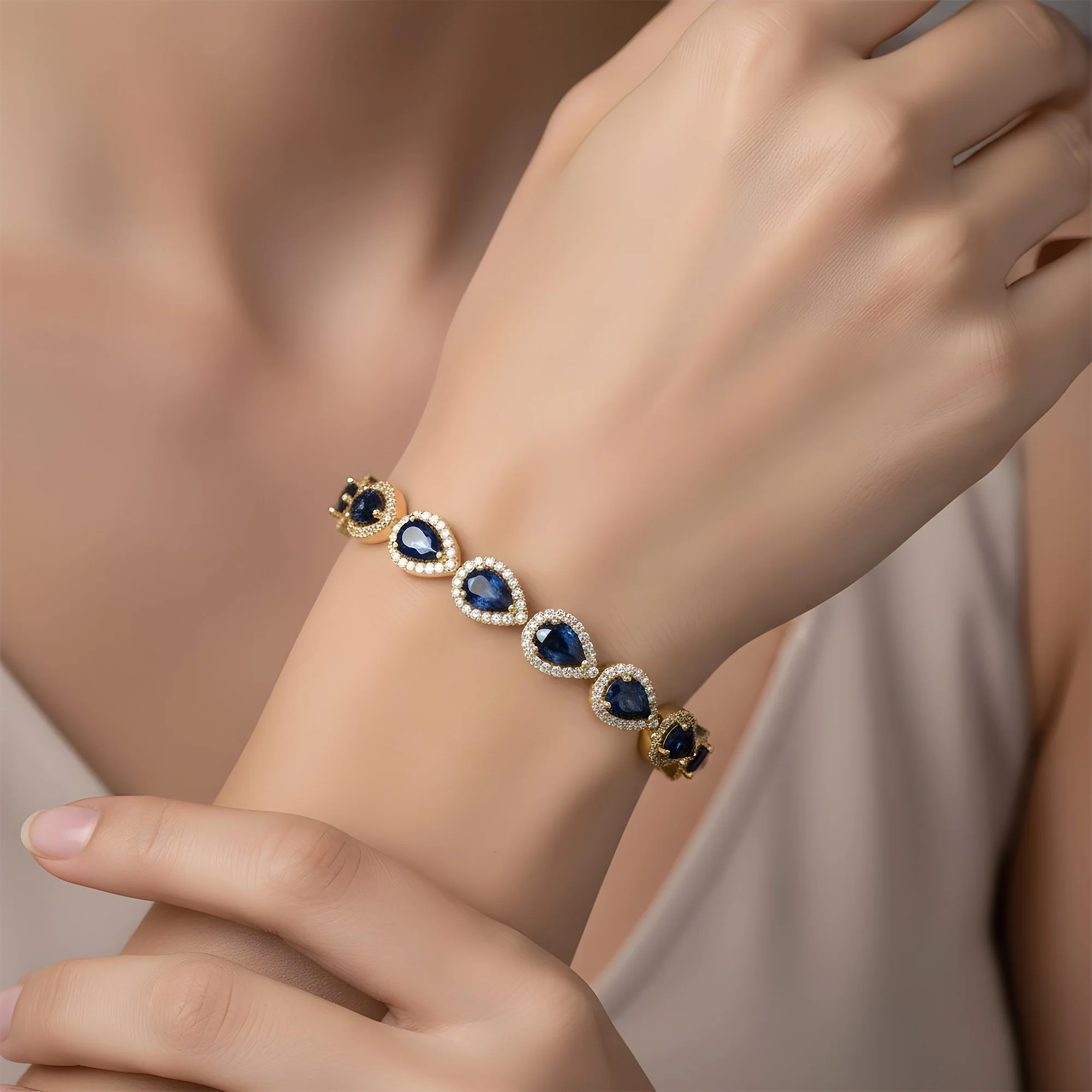 18K White Gold Pear Cut Sapphire & Diamond Bracelet - Image 5