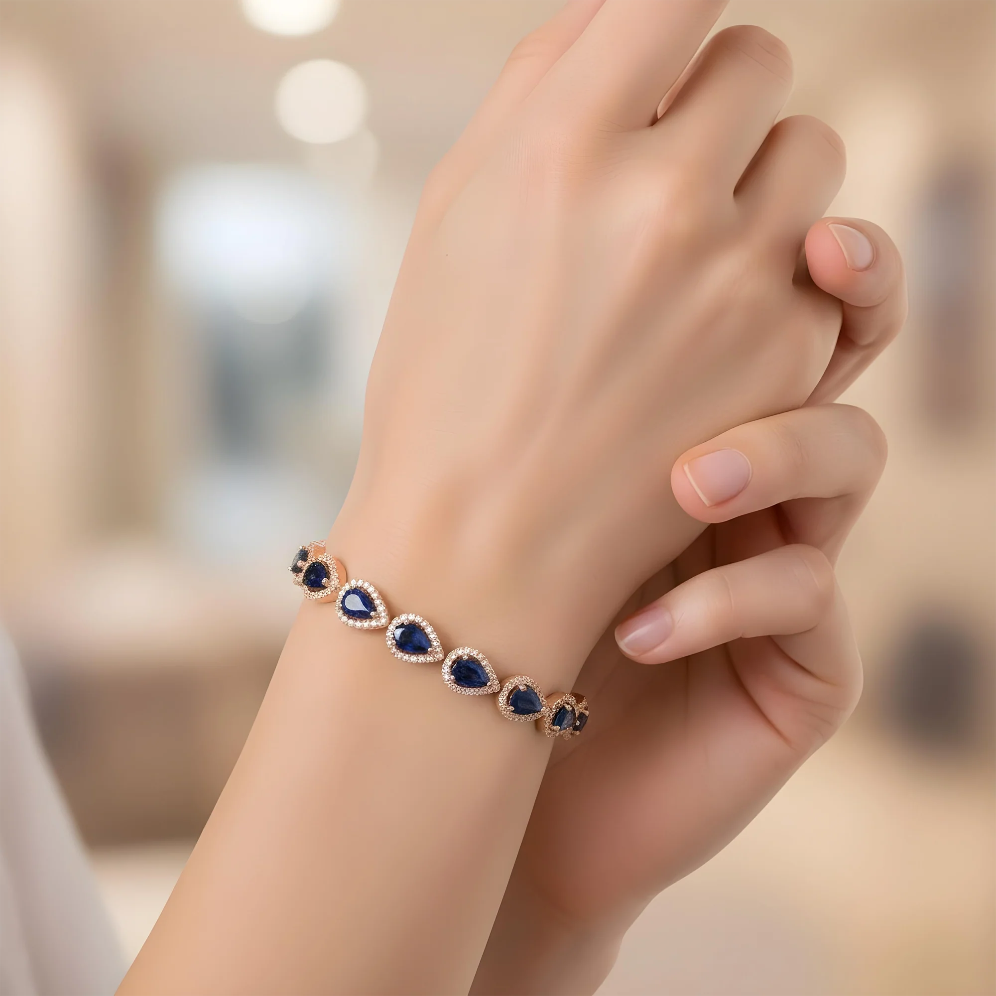 18K White Gold Pear Cut Sapphire & Diamond Bracelet - Image 7