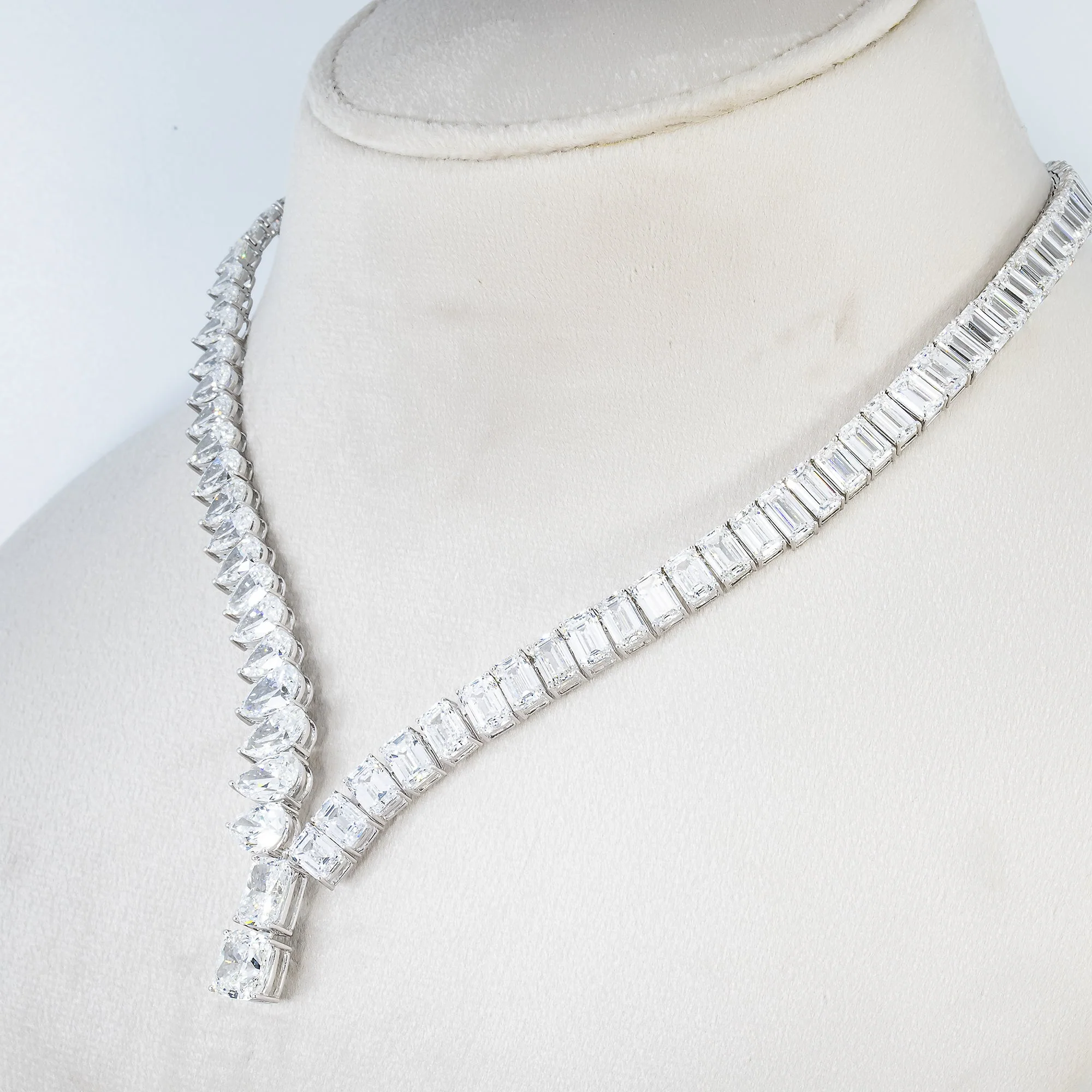 18K White Gold Pear & Emerald Cut Diamond Drop Necklace 62.37ct - Image 2
