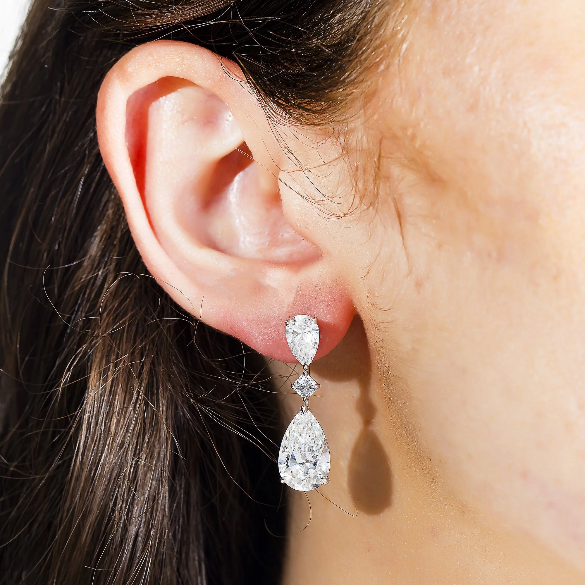 18K White Gold Pear Cut Diamond Rosebud Drop Earrings 10.56ctw - Image 3