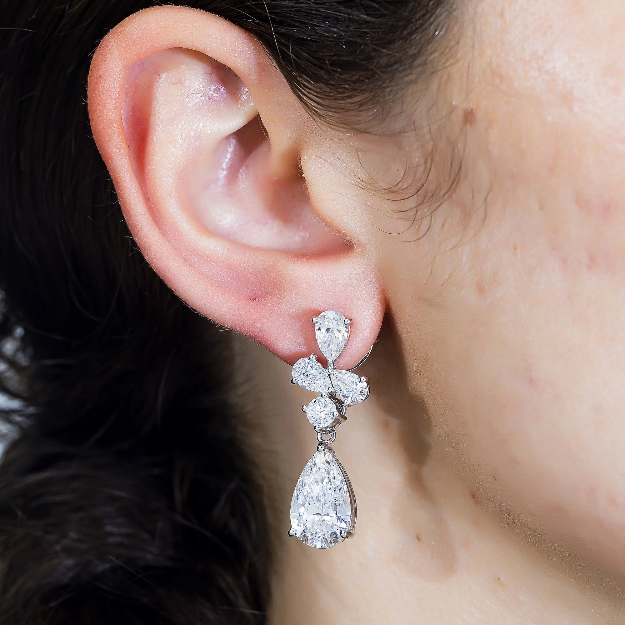 18K White Gold Pear & Round Cut Diamond Drop Earrings 14.34ctw - Image 3