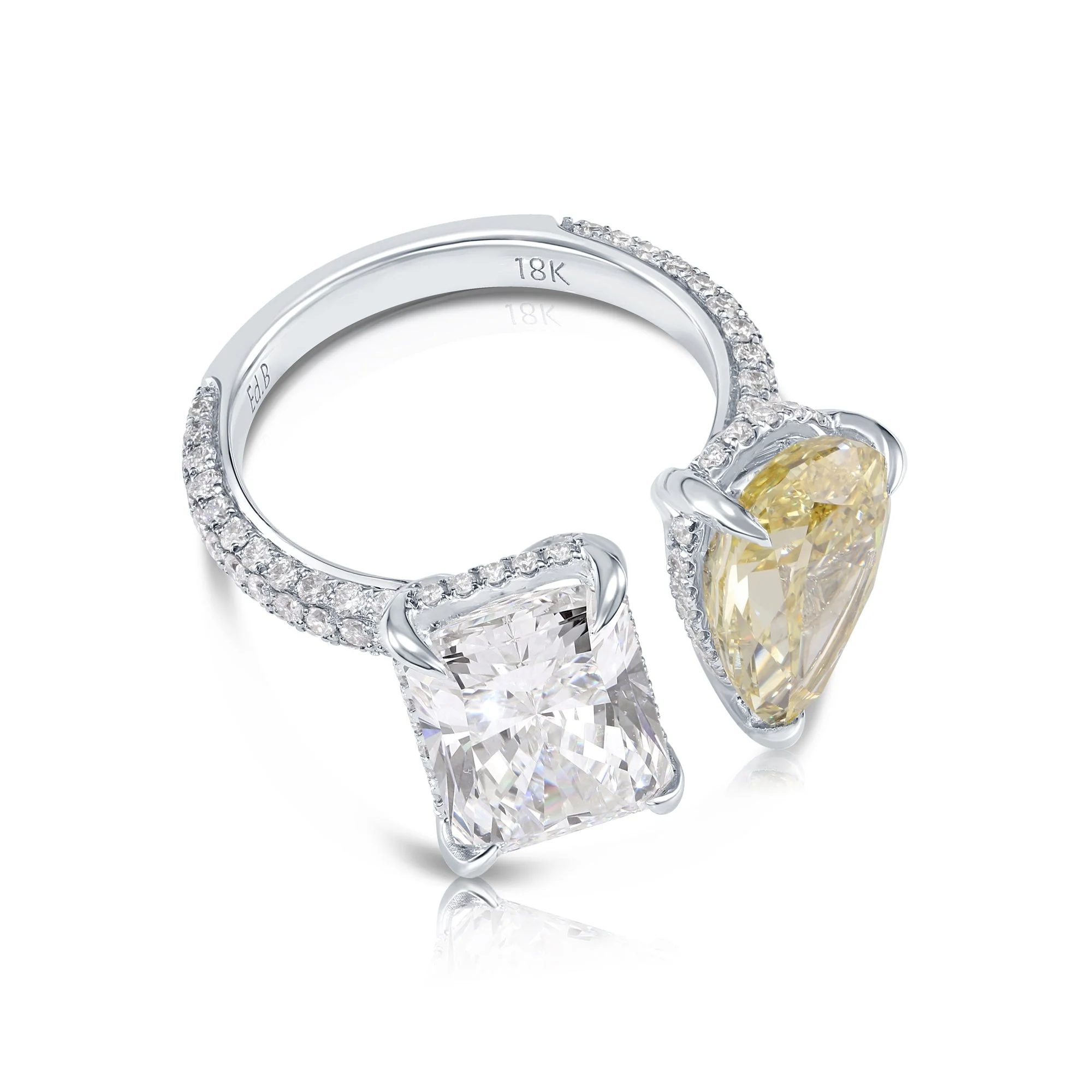 18K White Gold Radiant Cut & Fancy Yellow Pear Cut Diamond Toi et Moi Ring 8.25ctw - Image 3