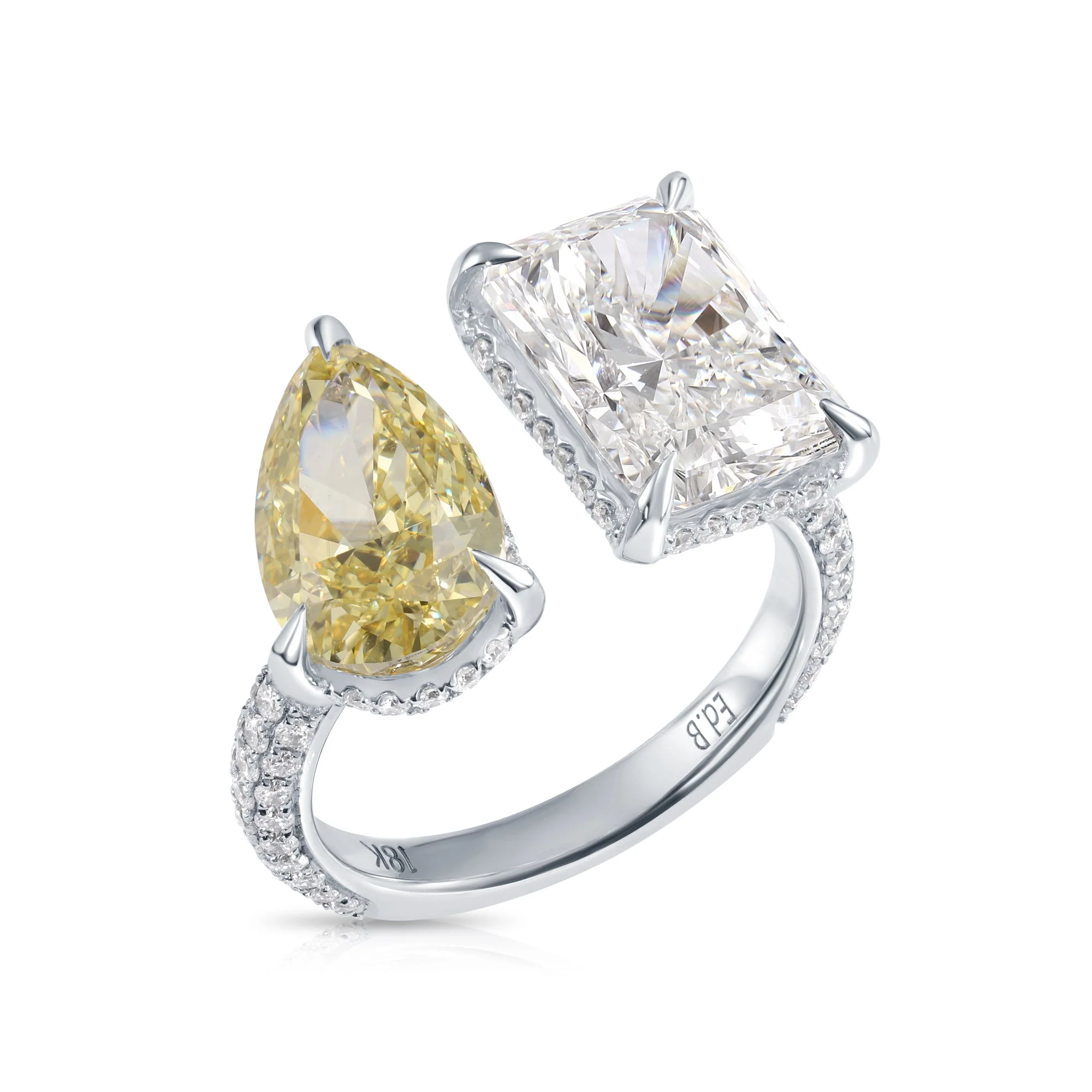18K White Gold Radiant Cut & Fancy Yellow Pear Cut Diamond Toi et Moi Ring 8.25ctw - Image 4