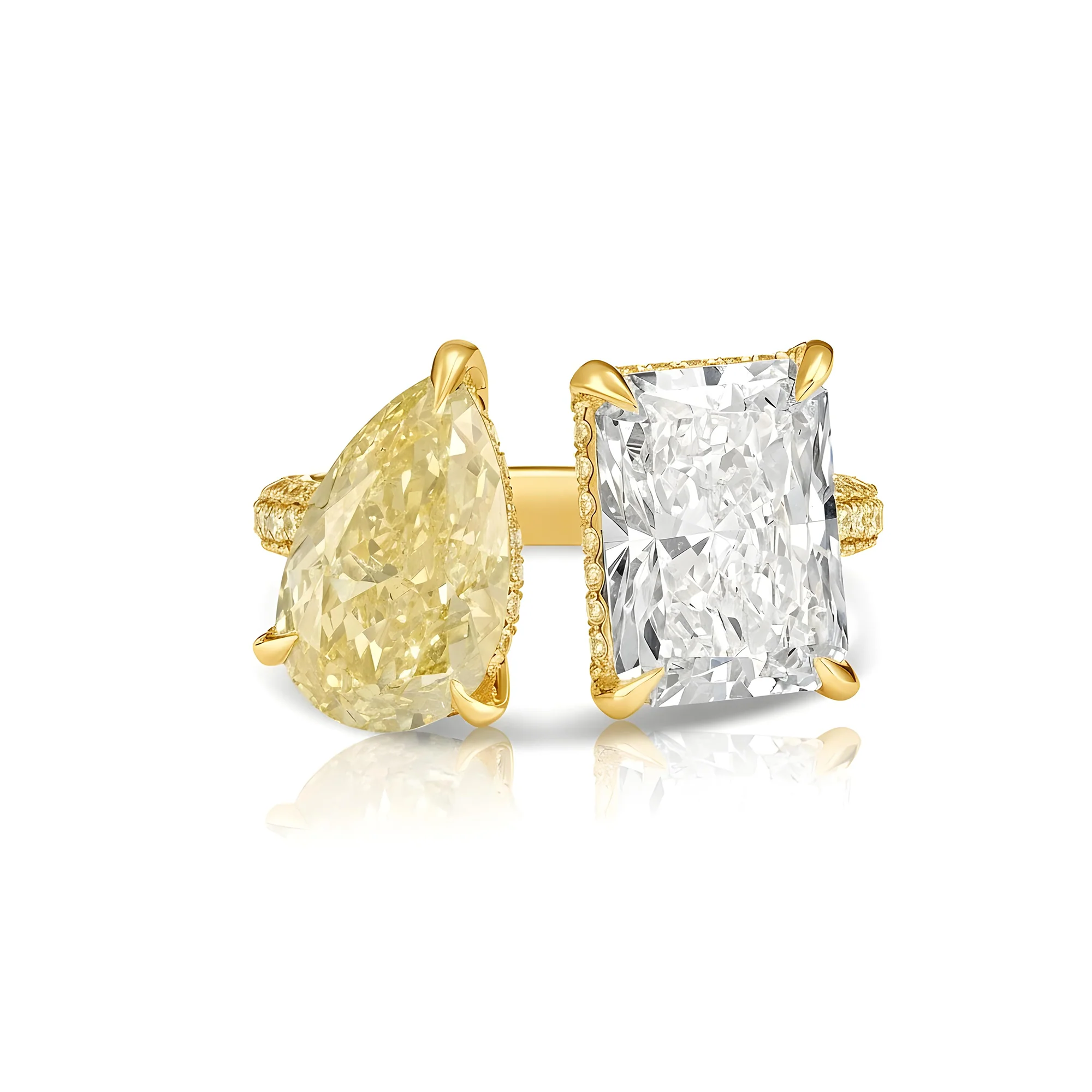 18K White Gold Radiant Cut & Fancy Yellow Pear Cut Diamond Toi et Moi Ring 8.25ctw - Image 5