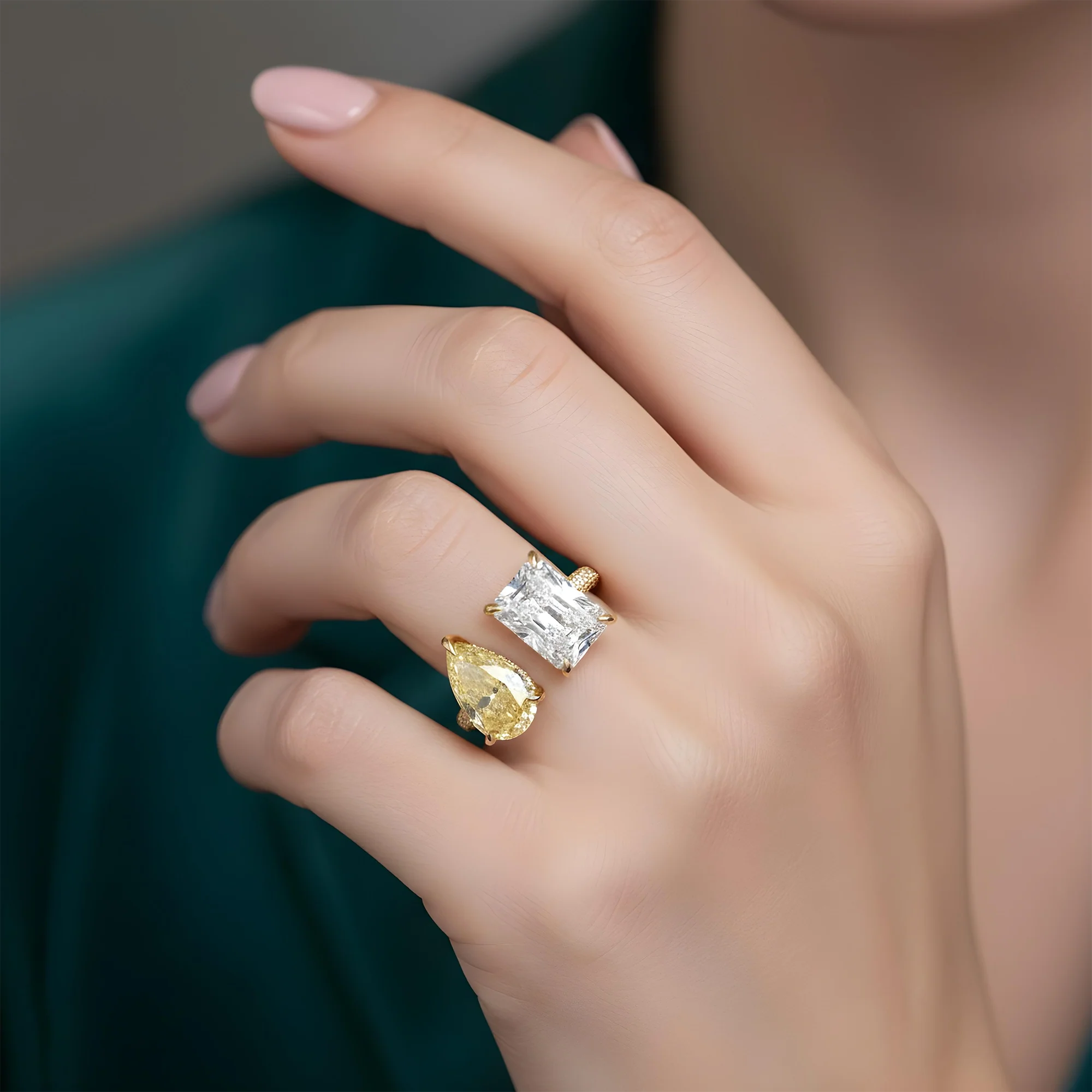18K White Gold Radiant Cut & Fancy Yellow Pear Cut Diamond Toi et Moi Ring 8.25ctw - Image 6